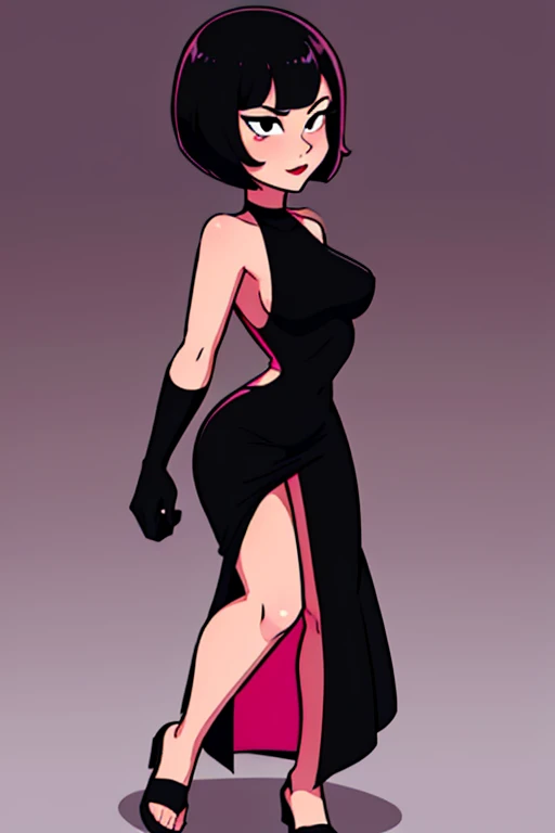 Short hair, black hair, bob cut, bob hair, black maxi dress, bare shoulders, red elbows gloves, nightclub, disco lighting, pink lipstick, cartoon style, black eyes, 1 girl, solo, full body, burning fire background