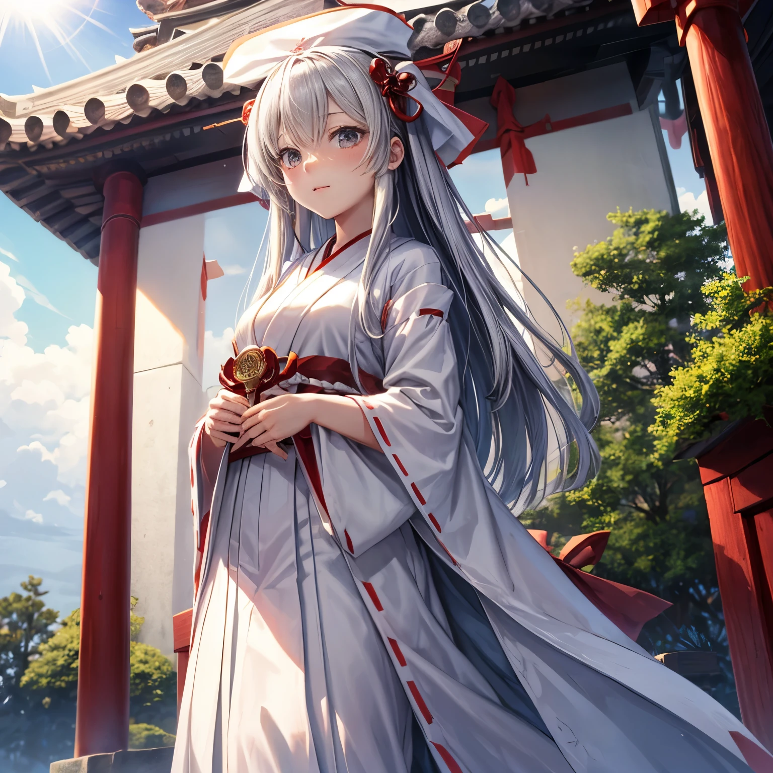 shrine maiden、shrine maiden装束、white clothes、Crimson hakama、shrine、long hair、girl、within the territory、transparent skin、sunlight shining diagonally、Ritual、