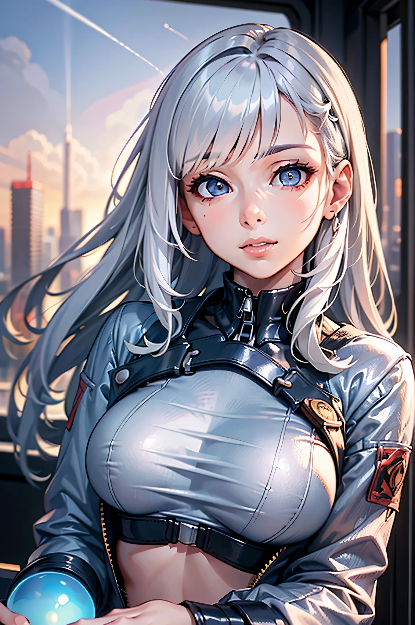 (masterpiece:1.3), (8k, photorealistic, RAW photo, best quality: 1.4), (1girl), beautiful face, (realistic face), Nice hairstyle，Realistic Eyes，Nice detail eyes，（Realistic Skin），Beautiful Skin，Ridiculous，attractive，Ultra high Resolution，an ultra realistic，RAWExtremely detailed，golden proportions, Woman wearing business outfit, white formal blazer, white blouse, white high waist business skirt, beautiful, masterpiece, best quality, perfect lighting, (white hair:1.4), long hair, (grey eyes:1.2), slender build, thin, medium breasts, business woman, ceo of small arms and aerospace centered mega corporation, sitting in luxurious black office chair, giant modern window with view overlooking dusk cyberpunk city skyline in background, torso shot, dusk, (cyberpunk city background:1.3), (Hazy sky:1.2), (Dim red sun:1.3), eyelashes, dark eyeliner, cyberpunk, older, sleek modern-futuristic office, (white clothes:1.2), (aerospace:1.1), (distant contrail rising up into the sky:1.3)