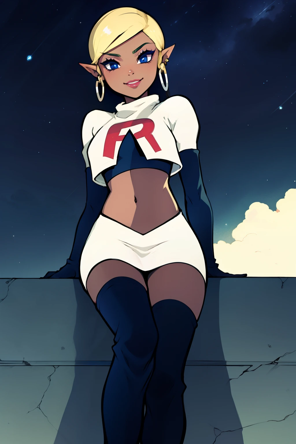 Tetra_Zelda ,earrings ,lipstick, eye shadow, heavy makeup ,team rocket uniform, red letter R, white skirt,white crop top,black thigh-high boots, black elbow gloves, smile, looking down on viewer, sitting down ,legs crossed, night sky background