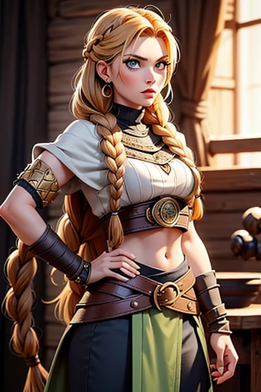 (Mujer vikinga:1.2),(Pintura de guerra en la cara), Maquillaje guerrero, (ojos verdes:1.1),(muscular),(Abrigo),(falda de piel),(pants),(auburn hair color:0.9),(Peinado vikingo),(loose hair with small braids on the scalp), (top con correa de cuero) plumaje, capa sobre el hombro, spaulderlue, traje gris y marron:1.2), guerrero