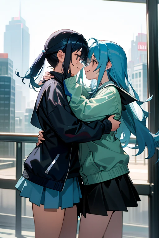 masterpiece, highest quality, disorganized, perfect anatomy, two girls, Face to face and hug, shrug \(clothing\), long sleeve, mini skirt, Are standing, city, outdoor, cowboy shot, smile, blue hair and black hair，