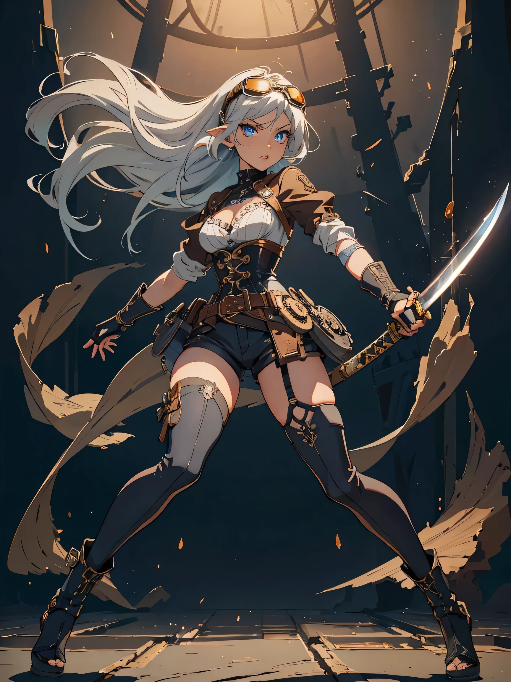 masterpiece, high quality, inside underground cave, 1_woman, ((full body)), mid-jump, mid-air, ((holding japanese katana in hand)), (exotic skin_complexion:1.4),mature, leaping at camera, tall, beautiful, exotic, with long elf ears, looking to the side, long hair, silver hair, detailed face, angry expression, anime fight pose, having diamond shaped eyes, blue eyes, (dark_eyeliner), long_eyelashes medium_bust, thigh gap, wearing Steampunk corset, chest window, (brown shorts), crossing belts, (goggles on head), red tinted goggle lenses, long fingerless_gloves, belts with metal gears, making fist, black thigh highs with embroidery, knee boots with laces, dynamic lighting casts detailed shadows