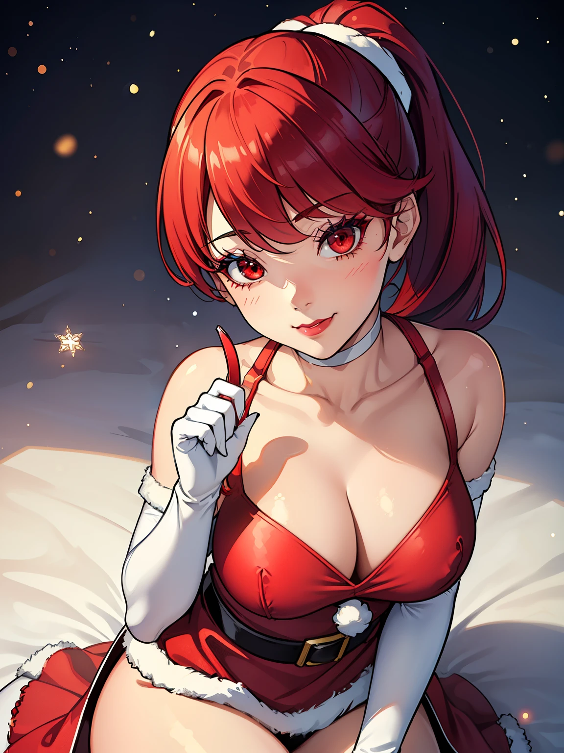 1girl, solo, masterpiece, best quality, high res, highly detailed, (illustration), beautiful detailed eyes, kasumi, red hair, pony tail, red eyes, ,lipstick, eye shadow, heavy makeup, warm smile, long white satin elbow gloves ,cowboy shot, (santa), red santa dress, full body, elbow white gloves, long white gloves, sexy poses