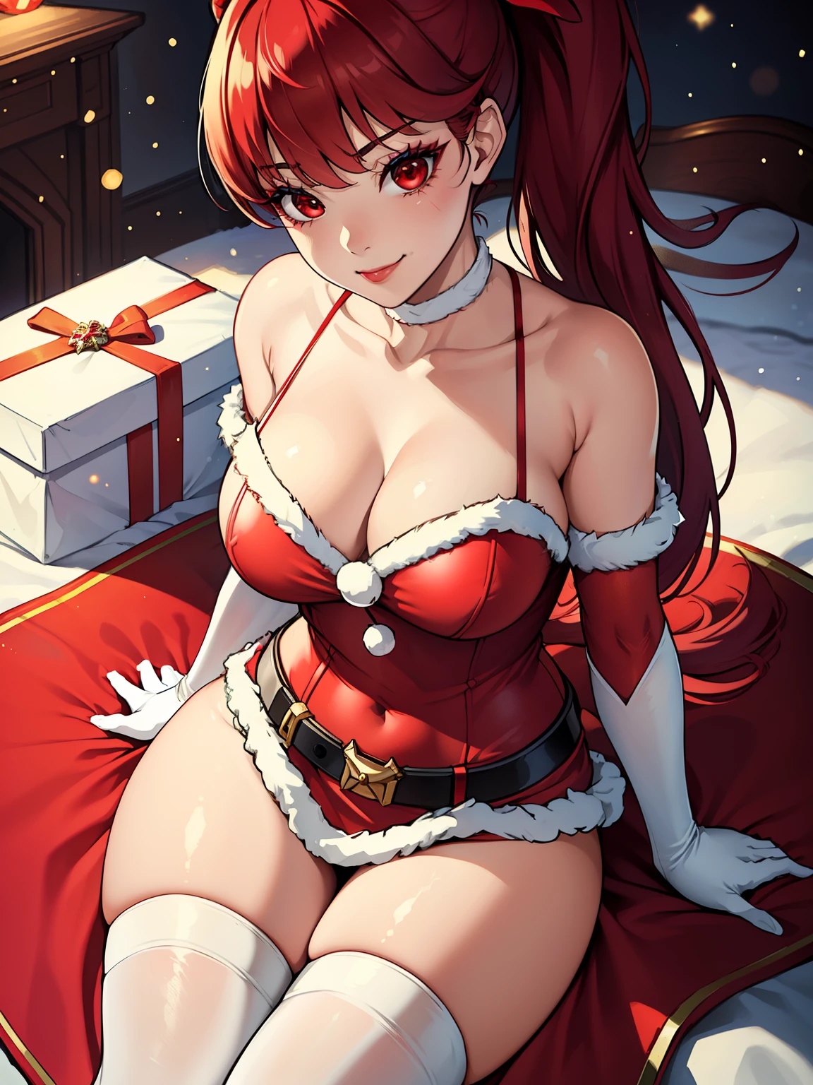 1girl, solo, masterpiece, best quality, high res, highly detailed, (illustration), beautiful detailed eyes, kasumi, red hair, pony tail, red eyes, ,lipstick, eye shadow, heavy makeup, warm smile, long white satin elbow gloves ,cowboy shot, (santa), red santa dress, full body, elbow white gloves, long white gloves, sexy poses