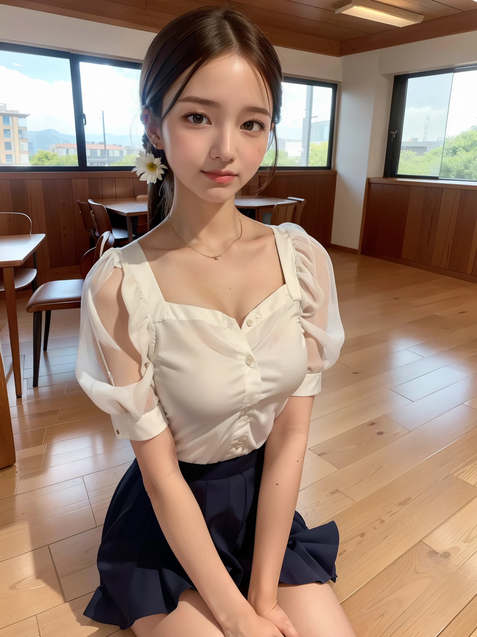 (8k, Photorealistic, Raw photo, Highest quality: 1.4),Japanese idol-style beautiful girl,1 person,,Hairstyle(Short Bob,Black :1.4),She has her hair tucked behind her ears,Large, clear grey eyes,Long eyelashes,Plump Cheeks,Thin and delicate shoulders,thin abdomen,Blackの靴下を履いている,(She is wearing a plain white short-sleeved blouse with all the buttons undone.(Disarray,The hem is not tucked into the skirt)),(Bra with wide open chest(Pink)I can see),(The entire clavicle is visible),(Pleated skirt(Plaid)Wear),School classroom,(Sit on a desk(Spread your legs wide :1.4)),(Place your hands on your crotch),(Angle from below the front),Full body portrait