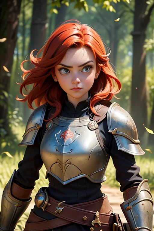 (Young 19 year old woman), (Caucasian with fiery red hair, ojos brillantes, expresiones faciales feroces) (imagen de cuerpo completo) (cuerpo delgado: 0.8) (pechos enormes: 1.5) (armadura medieval de guerrera intrincadamente detallada, capa forrada de piel, corona enjoyada), Their armor is rusted by leaves and wood. seria, extremadamente barroca, rubor suave y cara bonita, postura de ataque, hilt, sosteniendo una cimitarra, Full Scene Action, fondo de bosque, luz solar tenue, verdor, Heroic Fantasy Style, Dramatic lighting with strong contrasts of light and shadow, (obra maestra: 1.4), (fotorrealista: 1.2), (la mejor calidad), (8k), (cinematography lighting) (sharp focus), (epic composition) (Super detail), (ultra HD), Funny whimsical epic movie poster, (disparo a nivel de los ojos) , (Pro Lighting: 1.25)