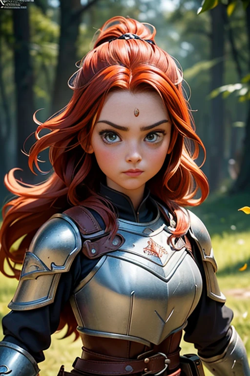(Young 19 year old woman), (Caucasian with fiery red hair, ojos brillantes, expresiones faciales feroces) (imagen de cuerpo completo) (cuerpo delgado: 0.8) (pechos enormes: 1.5) (armadura medieval de guerrera intrincadamente detallada, capa forrada de piel, corona enjoyada), Their armor is rusted by leaves and wood. seria, extremadamente barroca, rubor suave y cara bonita, postura de ataque, hilt, sosteniendo una cimitarra, Full Scene Action, fondo de bosque, luz solar tenue, verdor, Heroic Fantasy Style, Dramatic lighting with strong contrasts of light and shadow,  (obra maestra: 1.4), (fotorrealista: 1.2), (la mejor calidad), (8k),  (cinematography lighting) (sharp focus),  (epic composition) (Super detail), (ultra HD), Funny whimsical epic movie poster, (disparo a nivel de los ojos) , (Pro Lighting: 1.25)