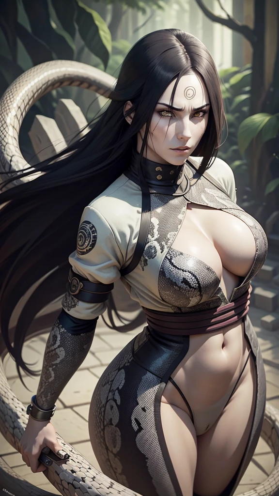 {-erro_de_anatomia:1.0} estilo anime, Masterpiece, absurdities, Orochimaru\(Naruto\), 1girl Solo, Mature woman, Oversized shirt with broad shoulders, Perfect composition, Detailed lips, large breasts, Beautiful face, body proportion, Blush, Long hair, yellow eyes, Soft gauze, Super realistic, Detailed, photo shoot, Realistic faces and bodies, masterpiece, best quality, best ( white snake) illustration, hyper detailed, 1 girl, solo, glamorous, blushing, whole body, on his back, backwards, looking back with a giant white snake wrapped around his arm