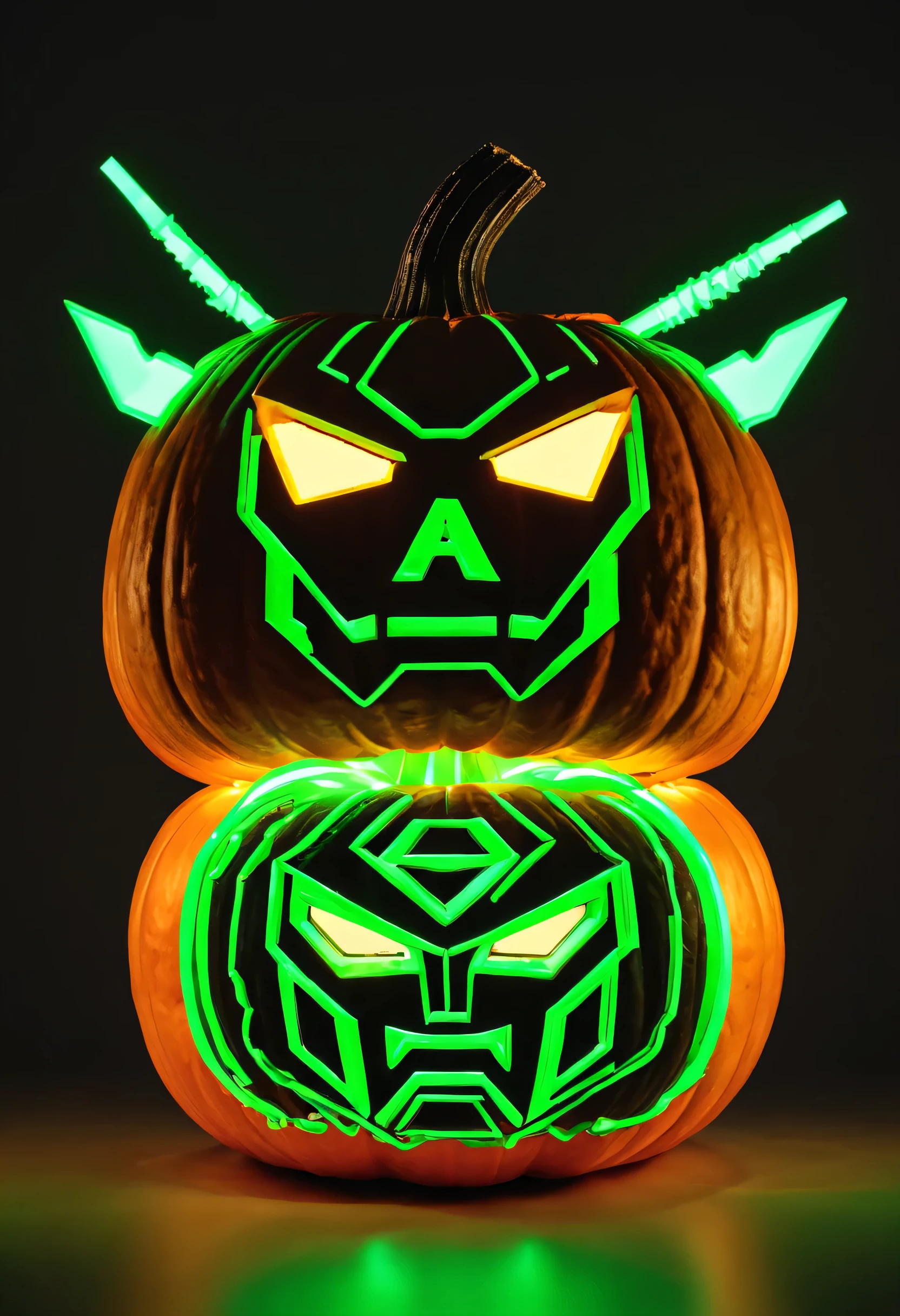 A pumpkin has a Autobot symbol carved into it backlit by a green neon glow stick