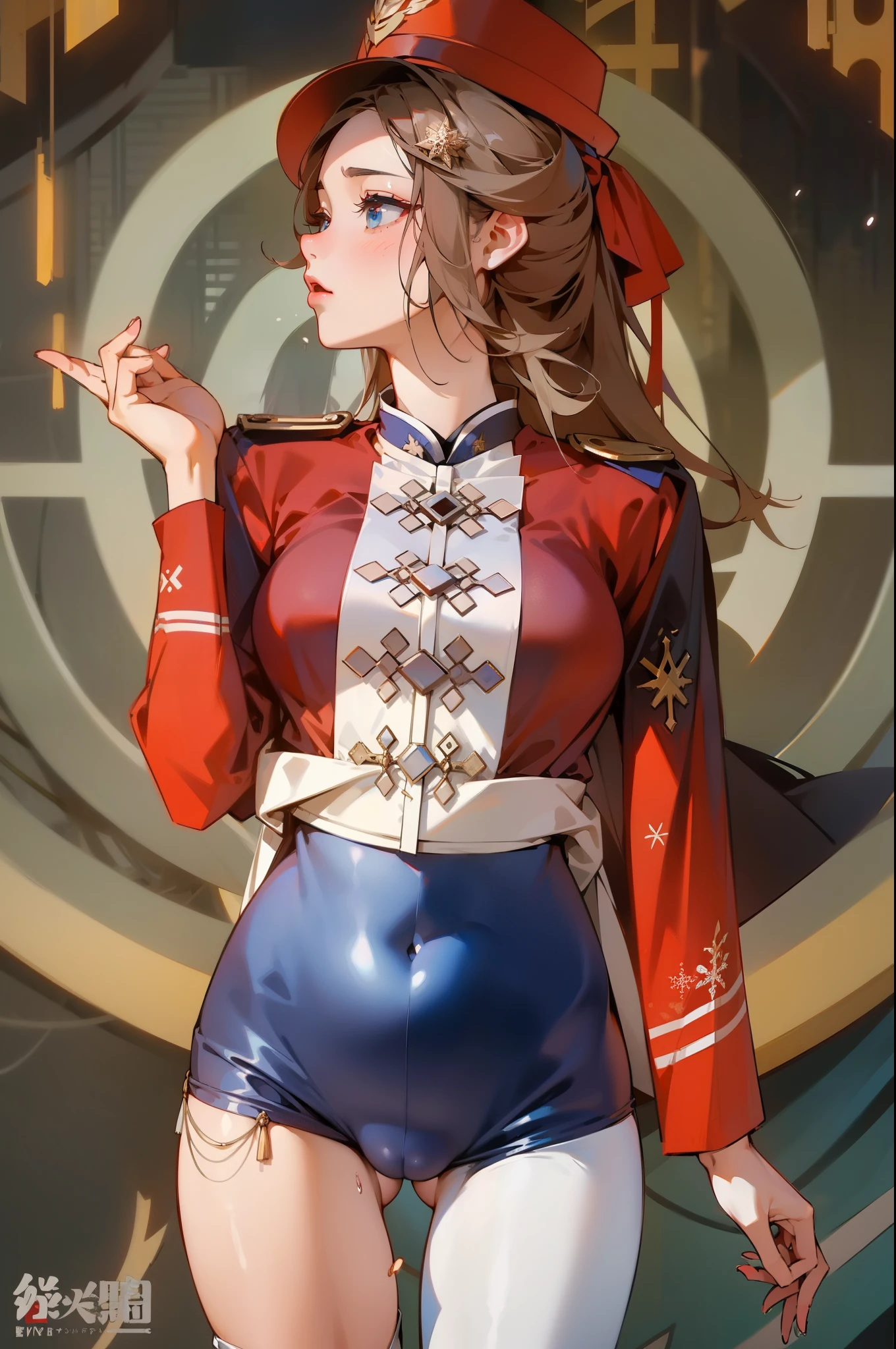 1womanl，33yo，，mature，extremely large bosom，Big breasts Thin waist，long leges，Raised sexy，Pornographic exposure， 独奏，Beauty contests，standing on your feet（Background with：the sea，snow mountains，warships，at winter season，Blizzarding，Big snowflakes）On warships， She has long black hair，Long hair flutters in the wind，Redlip，dynamicposes，Sweat profusely，drenched all over the body，seen from the front， hair straight， mostly cloudy sky，（（（tmasterpiece），（Very detailed CG unity 8K wallpaper），best qualtiy，cinmatic lighting，detailed back ground，beatiful detailed eyeright pupils，（Very fine and beautiful），（Beautiful and detailed eye description），Blue eyes，Redlip，ultra - detailed，tmasterpiece，）），facing at camera，（The upper part of the body），A high resolution，ultra - detailed），revealing breastare genitalia，  Bulge，legs are open，sexyposture，Camel toelushed complexion，Open-mouthed，frontage，Japanese officer，Officer's cap，elementary student（Wearing：Black cape，Down jacket White officer transparent uniform，Sexy leggingare breastare genitalia，Armour，Gold wire embroidery，Snowflake decoration，Sci-fi futuristic style）