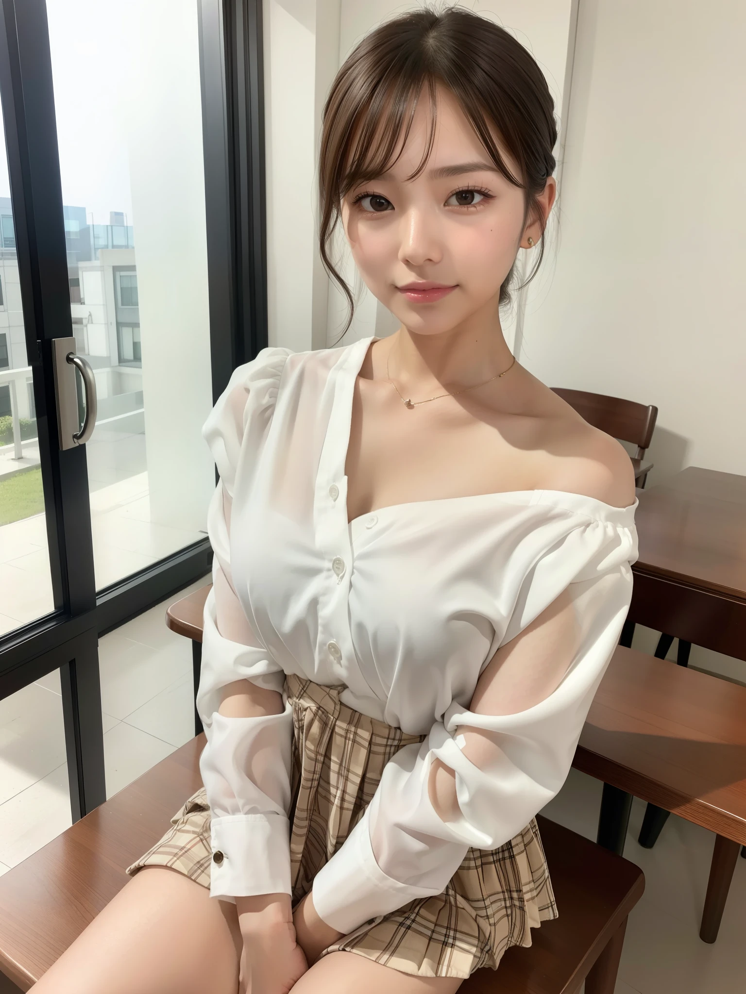 ((of the highest quality, 8K, masutepiece: 1.3, Raw photo)), Sharp Focus: 1.2, (1 AESPA Girl :1.1), (Solo: 1.12), (Realistic, Photorealistic: 1.37), (Face Focus: 1.1), Cute face, hyperdetailed face, Short messy hair, updo, (chiffon school uniform, topless: 1.1), Small breasts, flat chest, (sitting, Thigh: 1.1), classroom, flower, coffee,