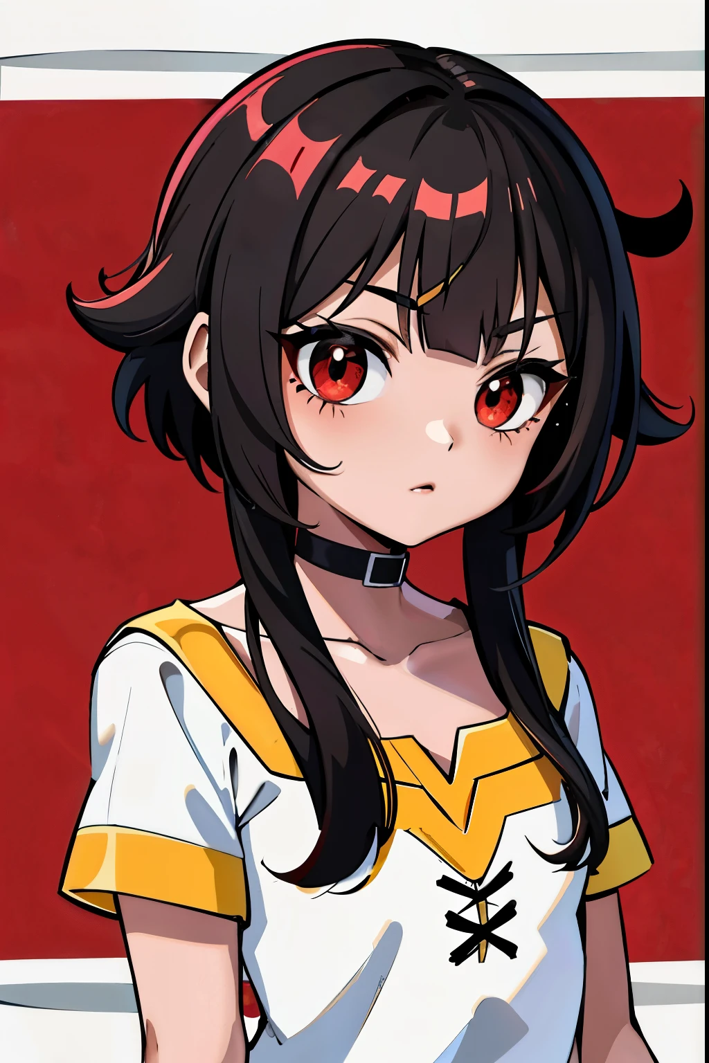 Linda garota de 18 anos (Megumin)、pele brilhante、voltado para cima、lindo cabelo castanho、cabelo curto、red eyes、roupa escolar、minissaia plissada、Curva