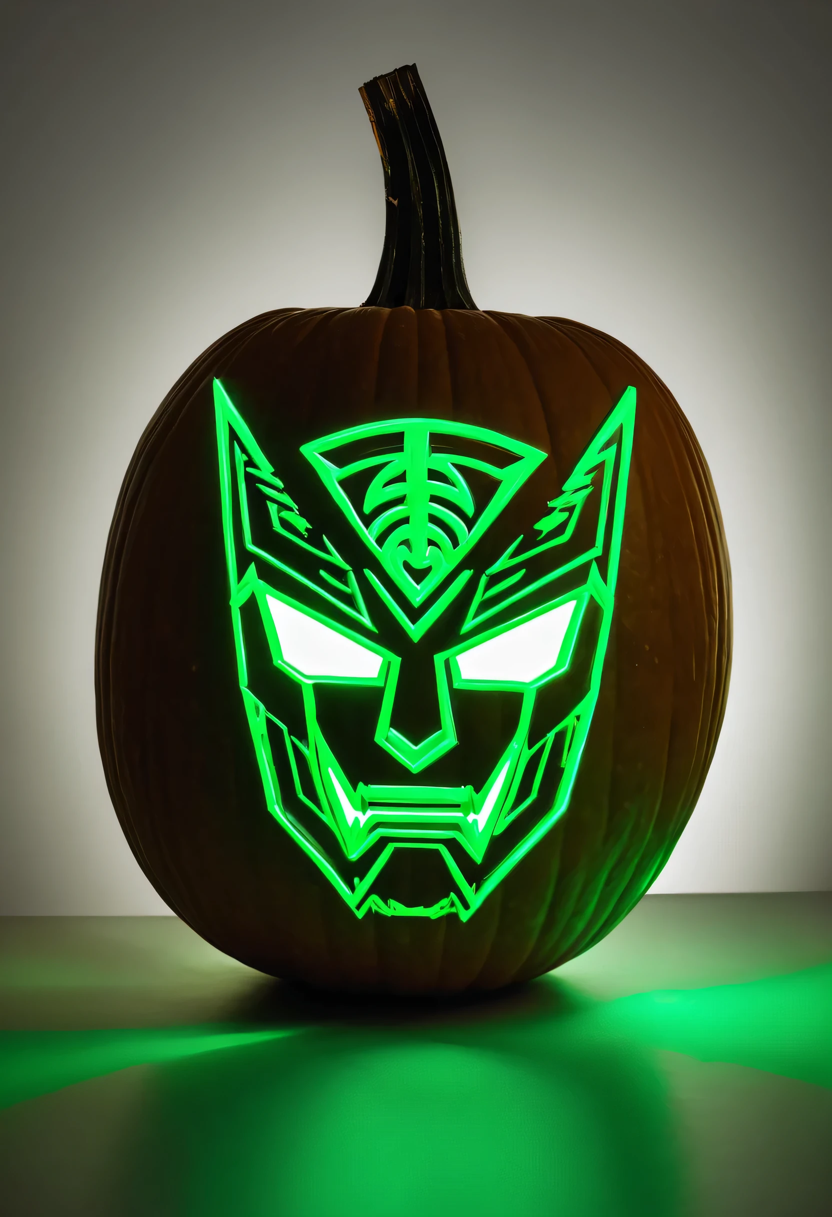 A pumpkin has a decepticon symbol carved into it backlit by a green neon glow stick