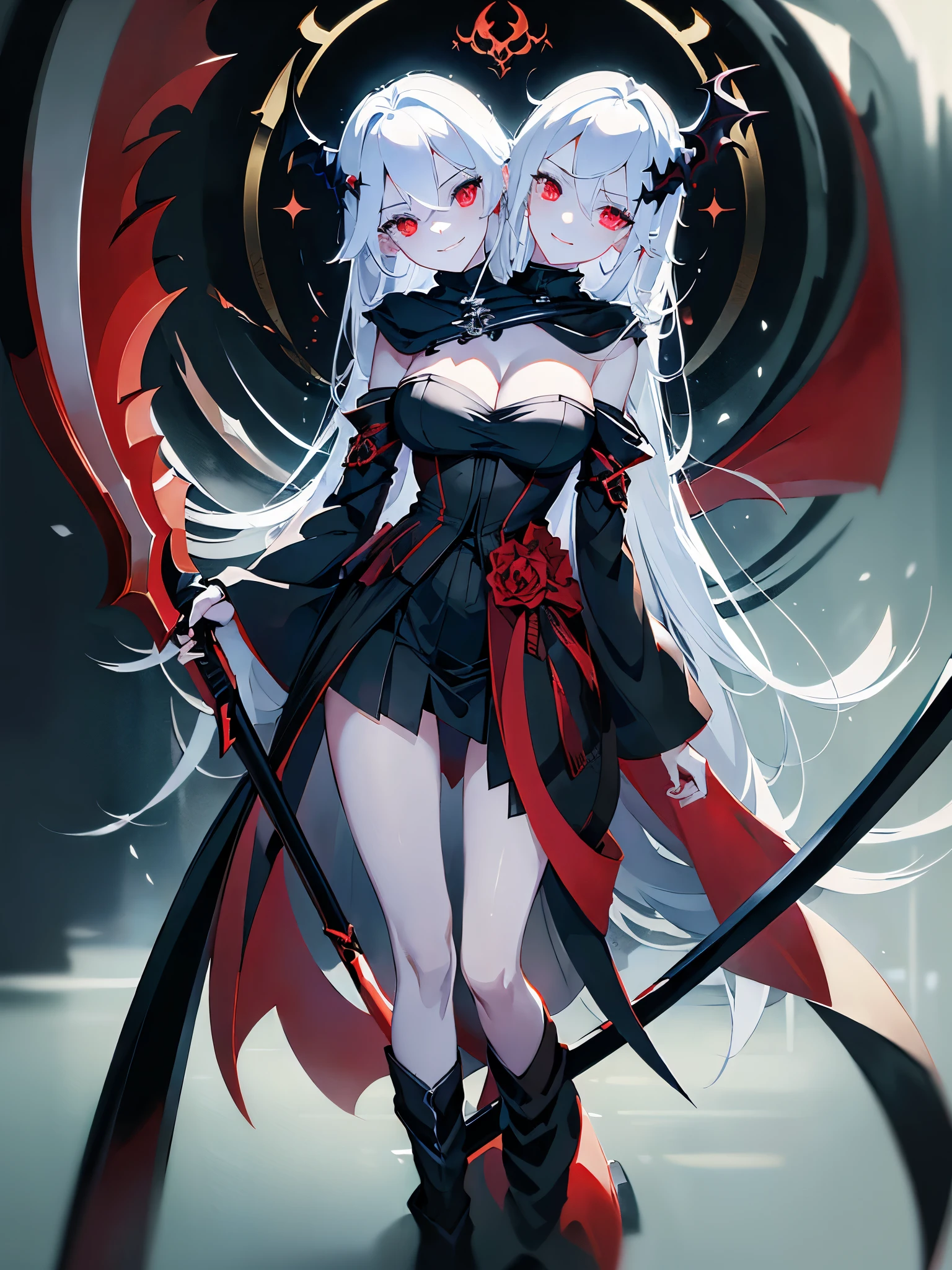 (masterpiece, best quality), best resolution, (2heads:1.5), 1girl, grim reaper, white hair, red eyes, evil smile, black reaper's robe, holding a scythe, complex scythe, fantasy scythe, dark mist, ominous atmosphere, close-up