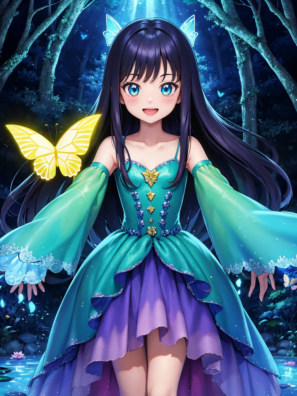 Digimon,having fun,1girl,illustration,colorful,vibrant lights,sparkling,detailed eyes,long hair,bright smile,playful pose,excited expression,towering trees,forest,pond,crystal clear water,butterflies,flowers,bubbly atmosphere,cute companions,fantasy world,magical adventure,best quality,ultra-detailed,portrait,vivid colors,daytime lighting
