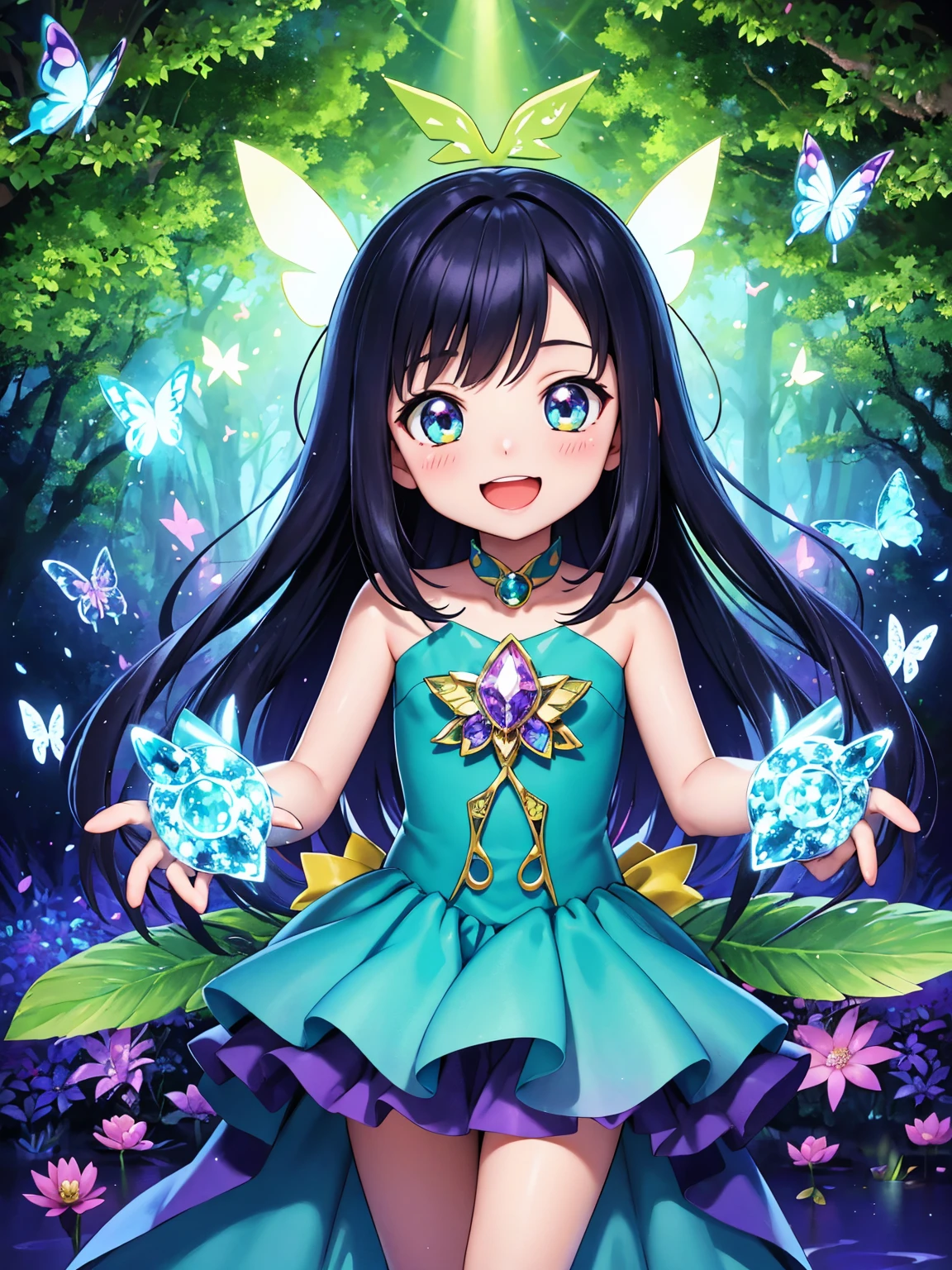 Digimon,having fun,1girl,illustration,colorful,vibrant lights,sparkling,detailed eyes,long hair,bright smile,playful pose,excited expression,towering trees,forest,pond,crystal clear water,butterflies,flowers,bubbly atmosphere,cute companions,fantasy world,magical adventure,best quality,ultra-detailed,portrait,vivid colors,daytime lighting
