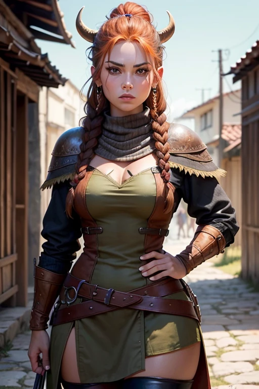 (Mujer vikinga:1.2),(Pintura de guerra en la cara), Maquillaje guerrero, (ojos verdes:1.1),(muscular),(Abrigo),(falda de piel),(auburn hair color:0.9),(Peinado vikingo),(loose hair with small braids on the scalp), (top con correa de cuero) plumaje, capa sobre el hombro, spaulderlue, traje gris y marron:1.2), guerrero