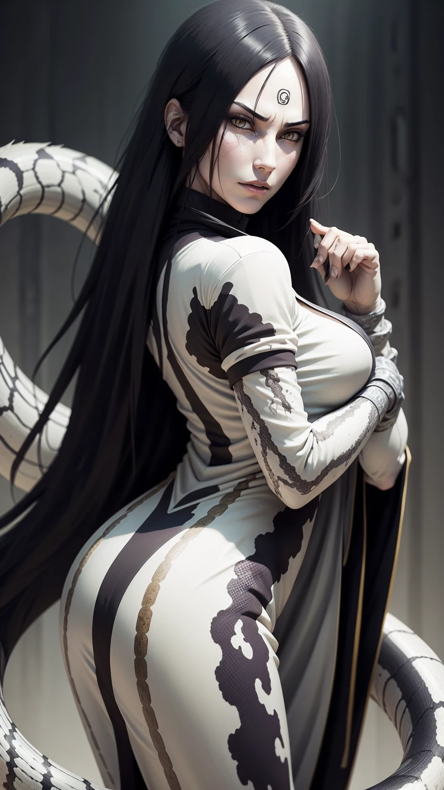 {-erro_de_anatomia:1.0} estilo anime, Masterpiece, absurdities, Orochimaru\(Naruto\), 1girl Solo, Mature woman, Oversized shirt with broad shoulders, Perfect composition, Detailed lips, large breasts, Beautiful face, body proportion, Blush, Long hair, yellow eyes, Soft gauze, Super realistic, Detailed, photo shoot, Realistic faces and bodies, masterpiece, best quality, best ( white snake) illustration, hyper detailed, 1 girl, solo, glamorous, blushing, whole body, on his back, backwards, looking back with a giant white snake wrapped around his arm