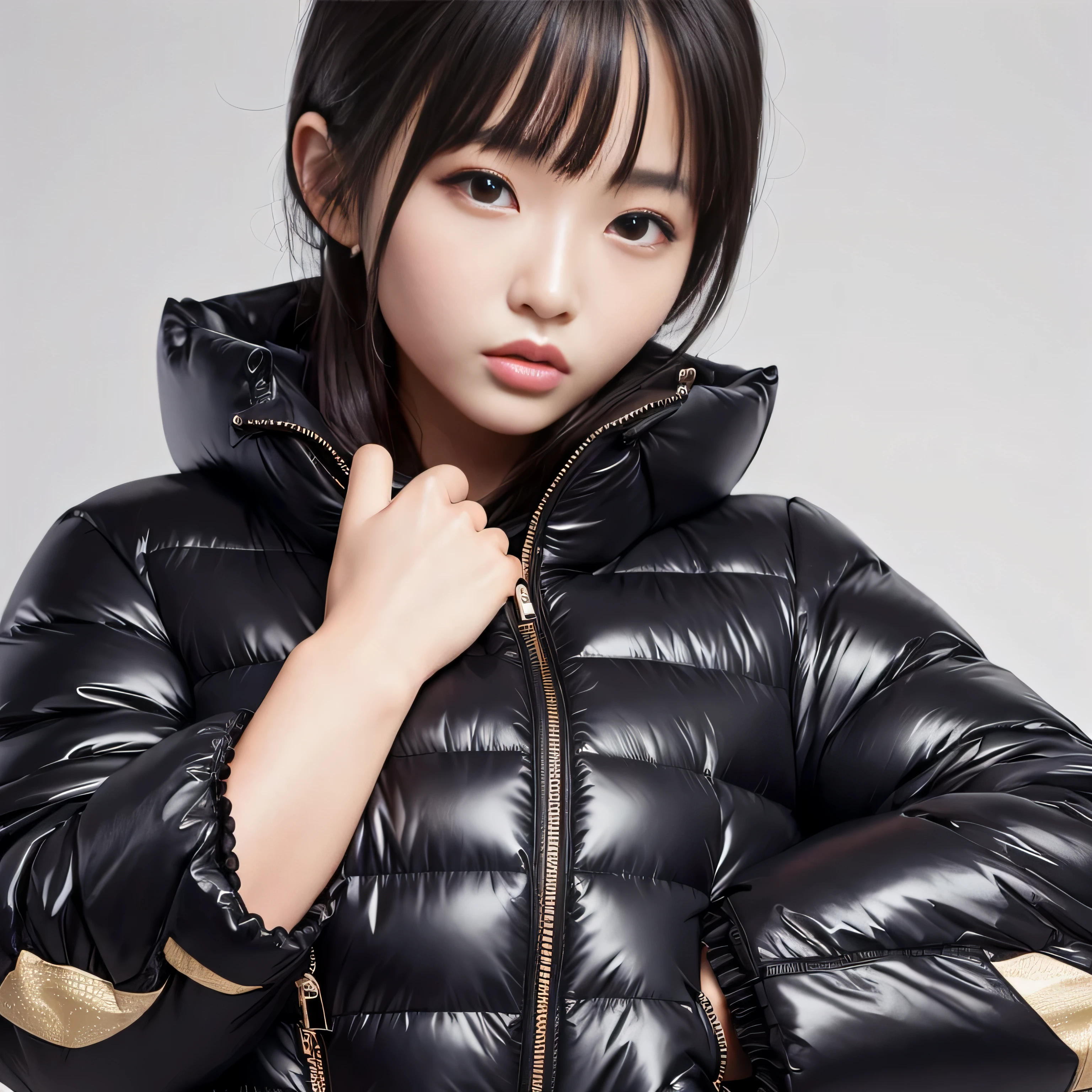 Beautiful Chinese girl in moncler black puffer coat. Tight