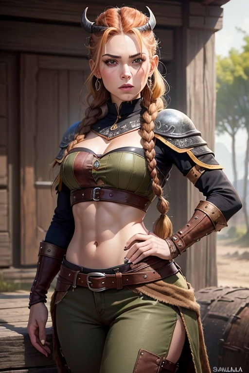 (Mujer vikinga:1.2),(Pintura de guerra en la cara), Maquillaje guerrero, (ojos verdes:1.1),(muscular),(Abrigo),(falda de piel),(pants),(auburn hair color:0.9),(Peinado vikingo),(loose hair with small braids on the scalp), (top con correa de cuero) plumaje, capa sobre el hombro, spaulderlue, traje gris y marron:1.2), guerrero