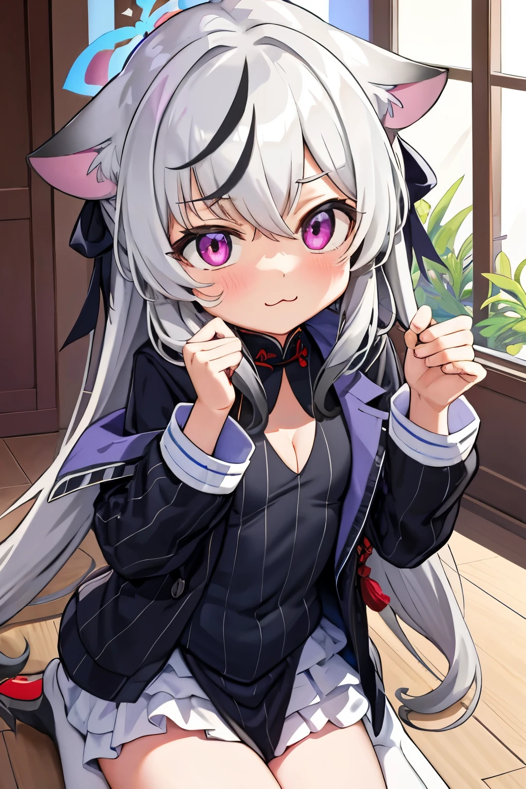 tmasterpiece, best qualtiy, ultra - detailed, 1girll,Gray hair Kokona, inside in room, Purple eye, :3,the face closeup cleavage, New Year's celebration