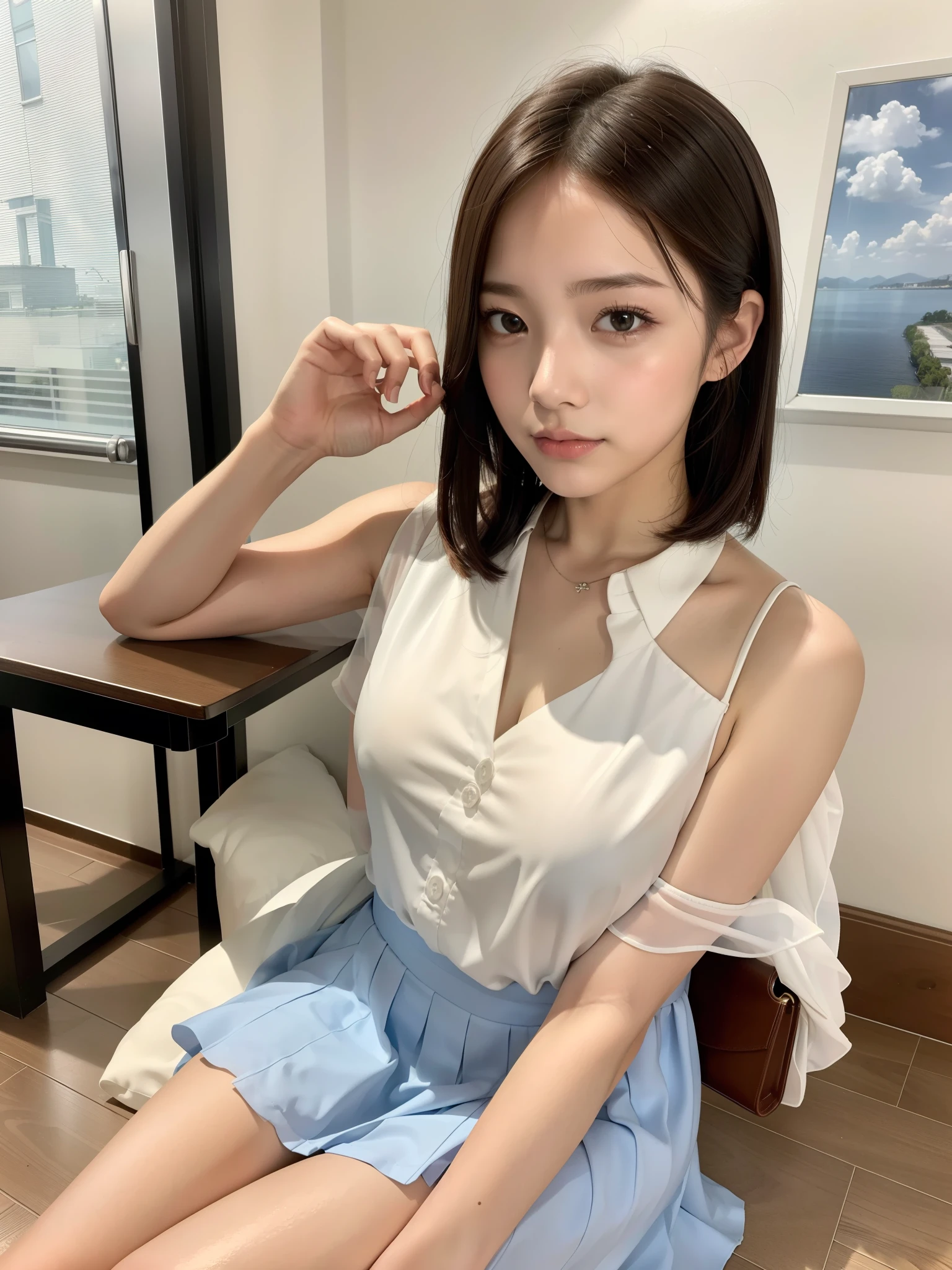 ((of the highest quality, 8K, masutepiece: 1.3, Raw photo)), Sharp Focus: 1.2, (1 AESPA Girl :1.1), (Solo: 1.14), (Realistic, Photorealistic: 1.37), (Face Focus: 1.1), Cute face, hyperdetailed face, Short messy hair, updo, (chiffon school uniform, topless: 1.2), Small breasts, flat chest, (sitting, Thigh: 1.1), classroom, flower, coffee,