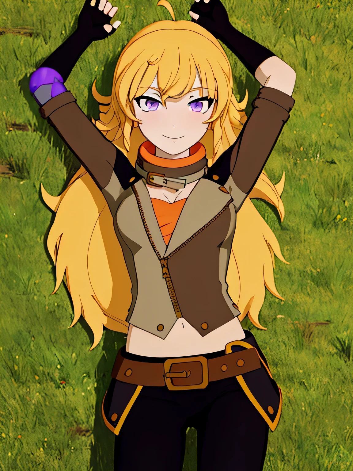 ((masterpiece,best quality)), 
Yang_RWBY,  1girl, solo, yellow hair, long hair, purple eyes, 
ahoge, mechanical arm, closed_mouth, spread arms, arms up, cowboy shot, smile, on back, on grass,
 belt, pants, jacket, fingerless gloves, 
solo,
