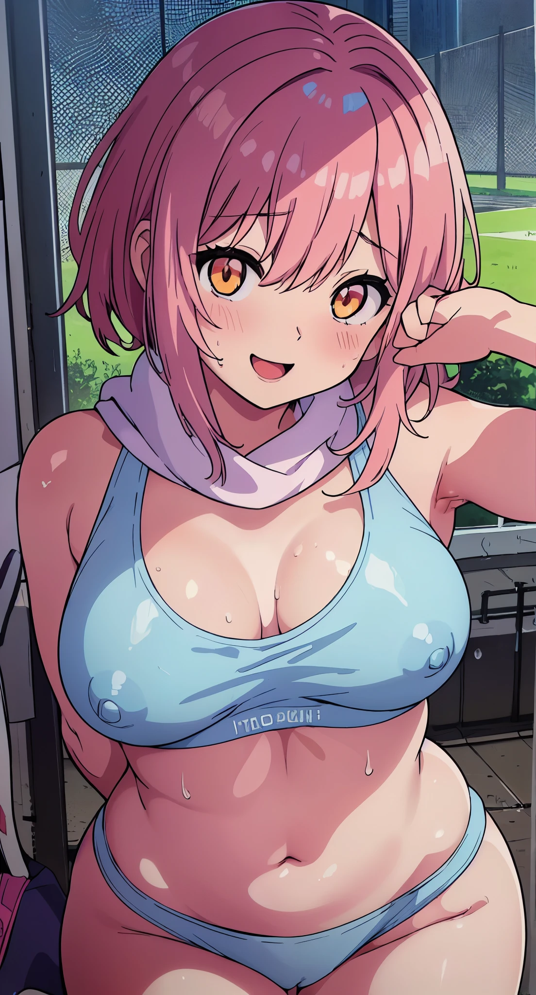 high quality、16km race、anime screen capture、(((NSFW)))、(((upon)))、(((small chest)))、(obesity)、(thick thighs)、(pink hair)、((((wavy hair))))、Ahoge、 (bob cut)、(dripping sweat)、((:d))、((Swelling of the nipples))、((Light blue sports bra))、pink scarf、white knee socks、((orange eyes))、big ass、(Hands on your chest)、(((embarrassing)))