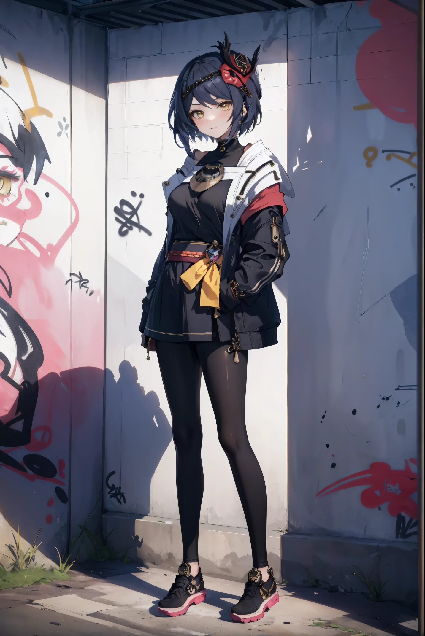 Kujou Sara| genshin impact, (Masterpiece:1.2, best quality), (Graffiti Wall:1.15), 1 woman, Beanie hat, jacket, Leggings, black hair, full body,