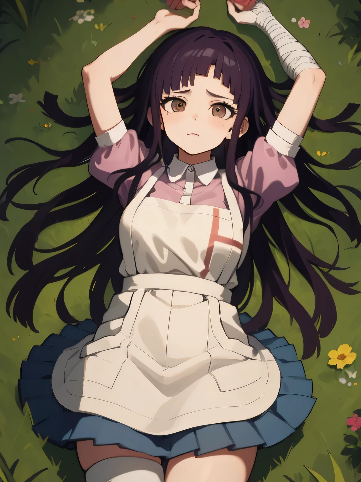 masterpiece, best quality, highres, large breasts, tmikan, purple hair, (brown eyes:1.2), long hair, messy hair, bandaged arm, bandaged leg, bandaid on knee, pink shirt, puffy short sleeves, white apron, pleated skirt, outdoors, looking at viewer, closed mouth, closed mouth, cowboy shot, lying, on back, on grass, cowboy shot, spread arms, arms up, anime,