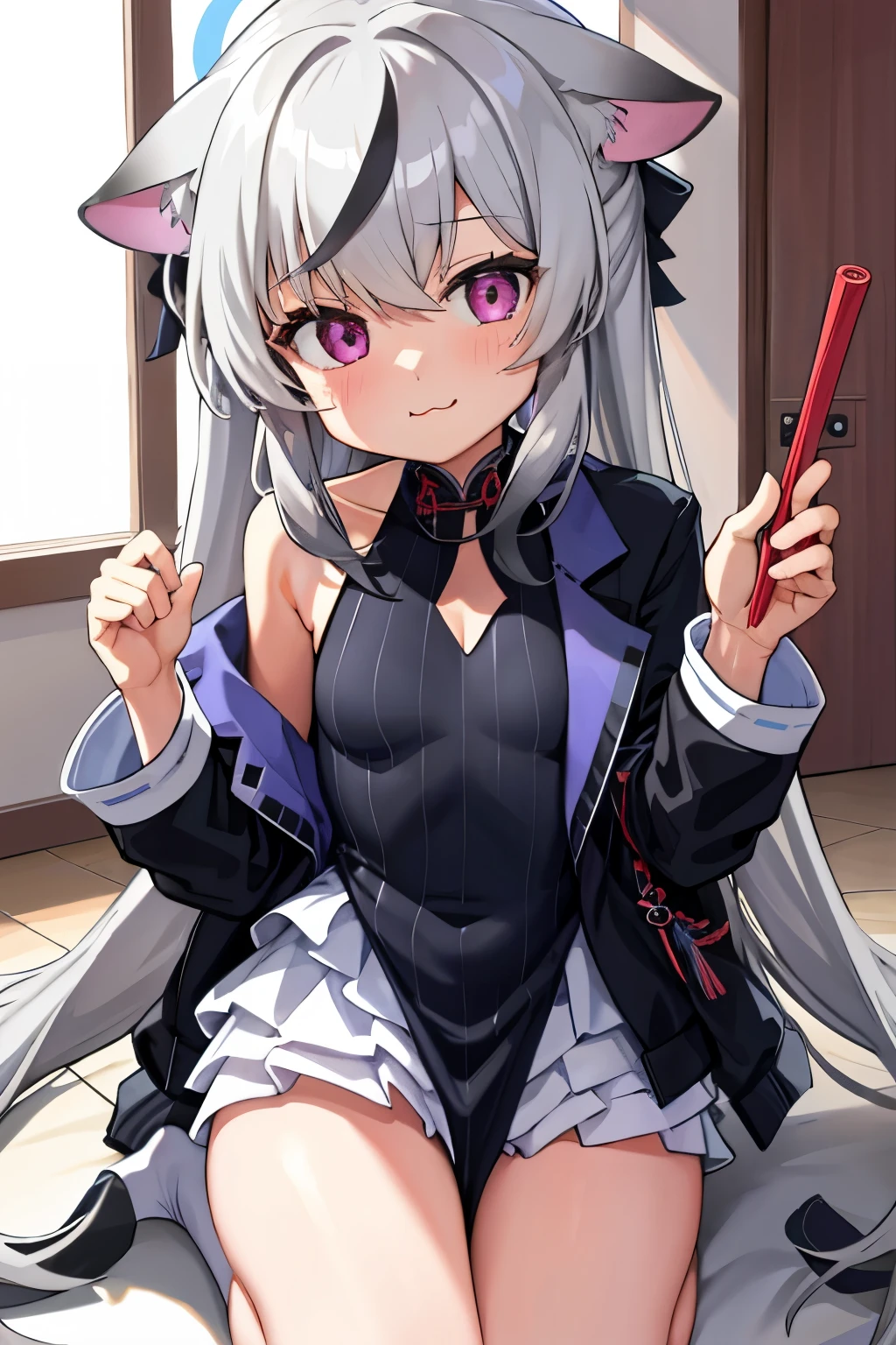 tmasterpiece, best qualtiy, ultra - detailed, 1girll,Gray hair Kokona, inside in room, Purple eye, :3,the face closeup cleavage, New Year's celebration