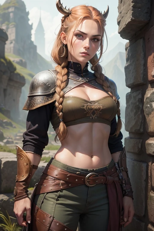 (Mujer vikinga:1.2),(Pintura de guerra en la cara), Maquillaje guerrero, (ojos verdes:1.1),(muscular),(Abrigo),(falda de piel),(pants),(auburn hair color:0.9),(Peinado vikingo),(loose hair with small braids on the scalp), (top con correa de cuero) plumaje, capa sobre el hombro, spaulderlue, traje gris y marron:1.2), guerrero