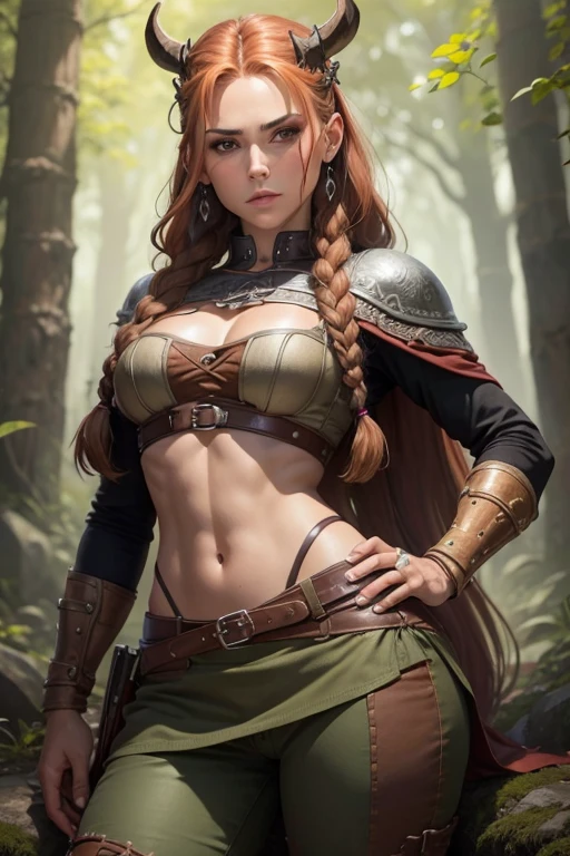 (Mujer vikinga:1.2),(Pintura de guerra en la cara), Maquillaje guerrero, (ojos verdes:1.1),(muscular),(Abrigo),(falda de piel),(pants),(auburn hair color:0.9),(Peinado vikingo),(loose hair with small braids on the scalp), (top con correa de cuero) plumaje, capa sobre el hombro, spaulderlue, traje gris y marron:1.2), guerrero