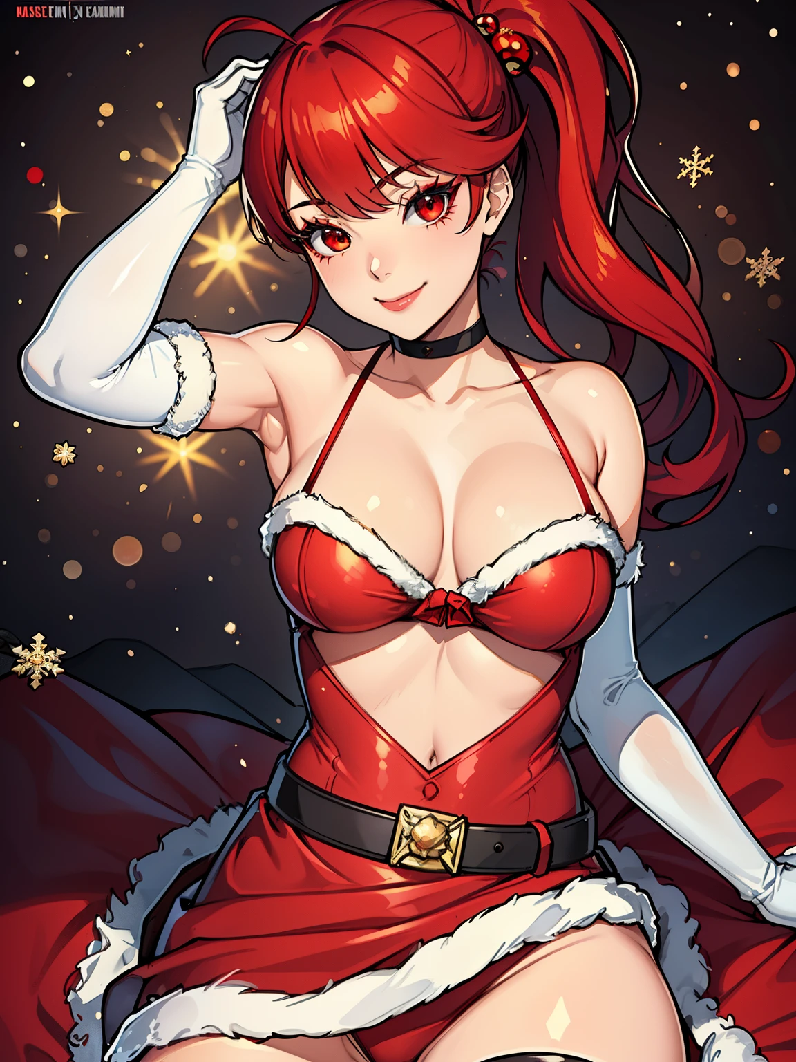1girl, solo, masterpiece, best quality, high res, highly detailed, (illustration), beautiful detailed eyes, kasumi, red hair, pony tail, red eyes, ,lipstick, eye shadow, heavy makeup, warm smile, long white satin elbow gloves ,cowboy shot, (santa), red santa dress, full body, elbow white gloves, long white gloves, sexy poses