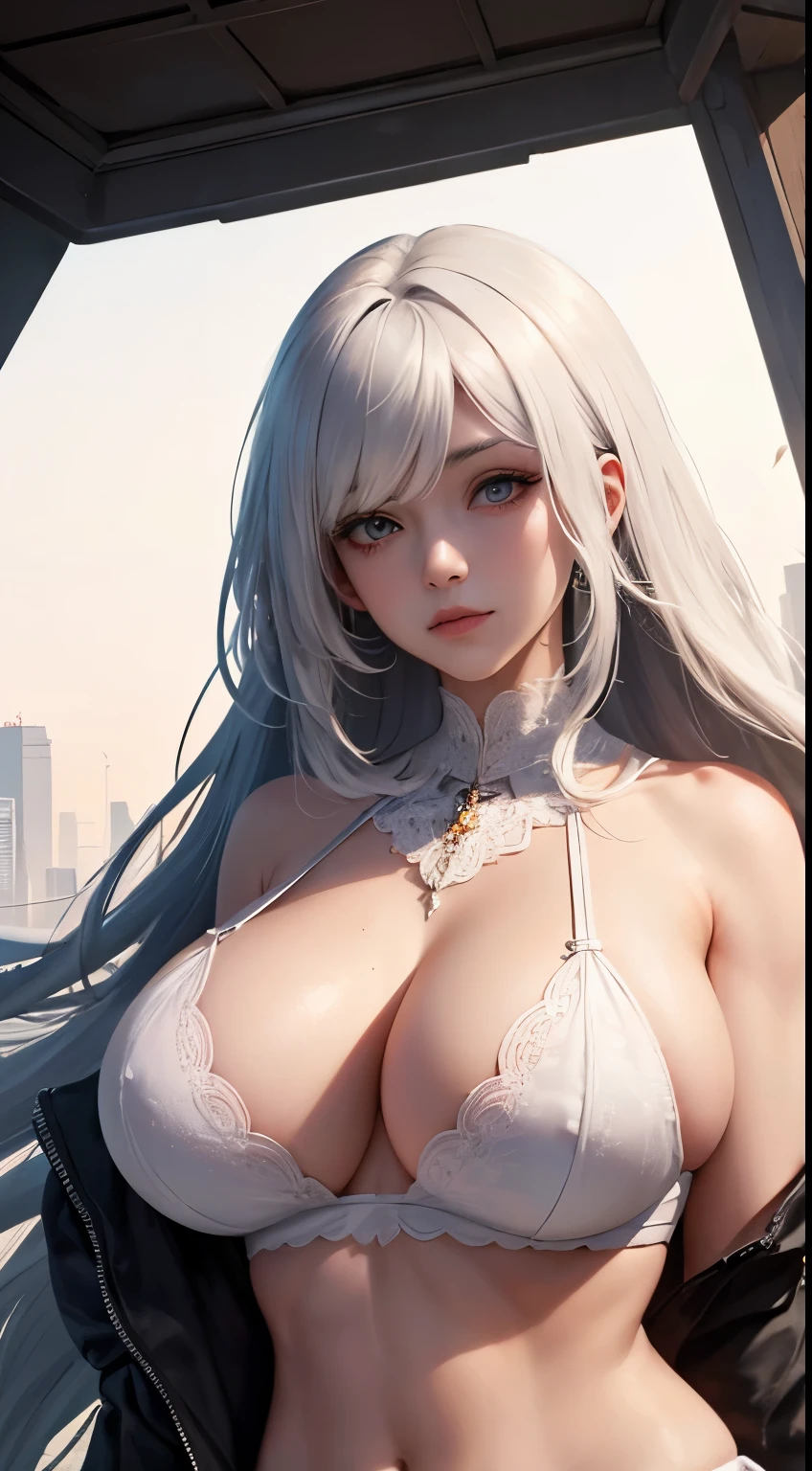 ((huge breasts)), (upper part of body), (abdominal muscles), white hair