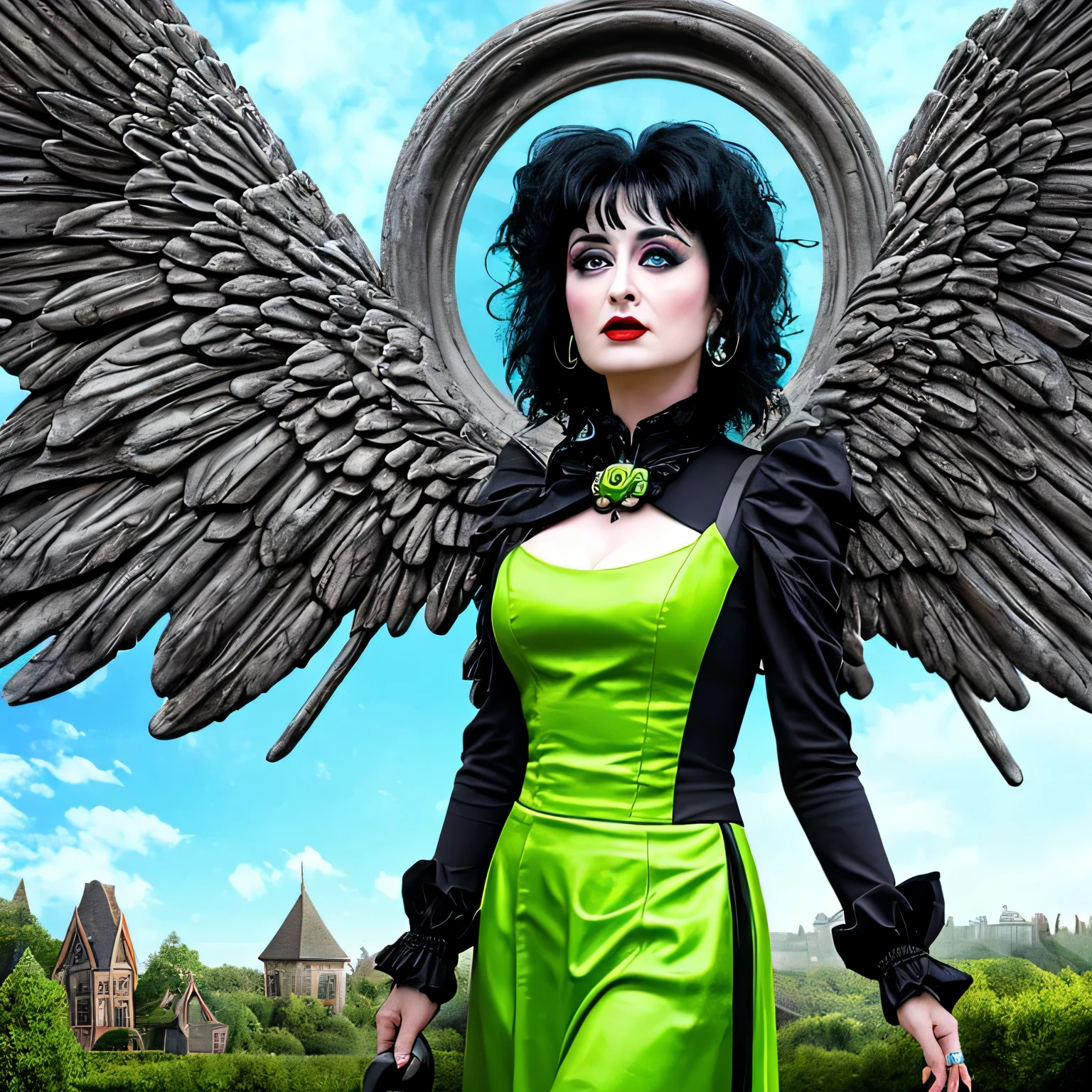 Siouxsie Siouxs as a character from the movie beetlejuice, background of the image consisting of a gothic garden, sculptures of angels, sculptures of demons, green and scary zombies, blue sky, white clouds, sunlight, rainbow, vintage style, full body view, realistic image, realistic face, the best quality, masterpiece, high-resolution, 8k, hyperrealistic image, profissional photo, realistic photo