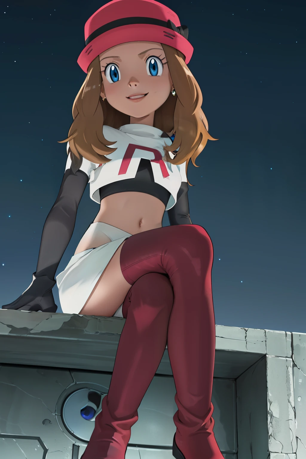 masterpiece, best quality, highres, outdoors, 1girl, solo, serena (pokemon), hat  ,earrings ,lipstick, eye shadow, heavy makeup ,team rocket uniform, red letter R, white skirt,white crop top,black thigh-high boots, black elbow gloves, evil smile, looking down on viewer, sitting down ,legs crossed, night sky background