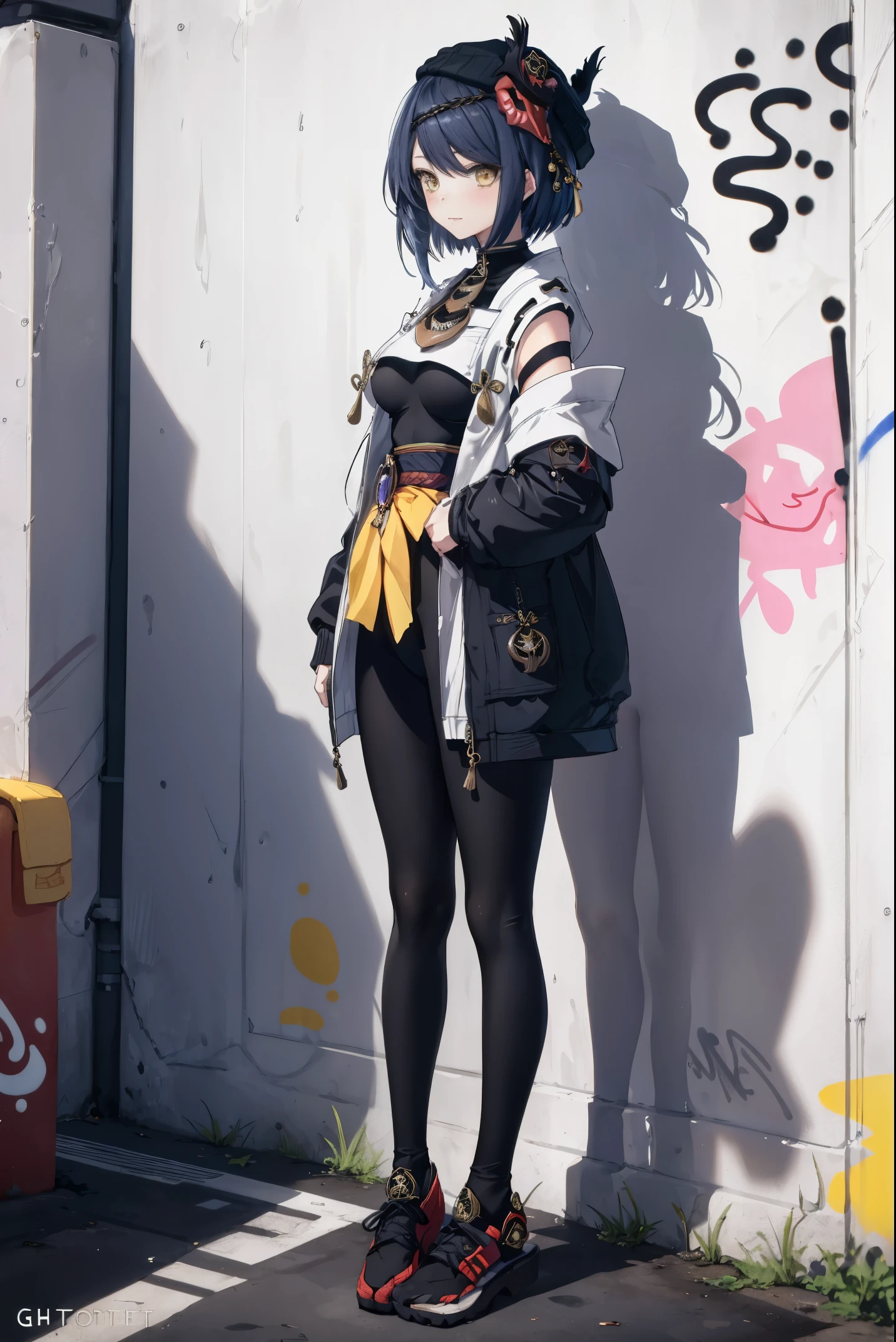 Kujou Sara| genshin impact, (Masterpiece:1.2, best quality), (Graffiti Wall:1.15), 1 woman, Beanie hat, jacket, Leggings, black hair, full body,