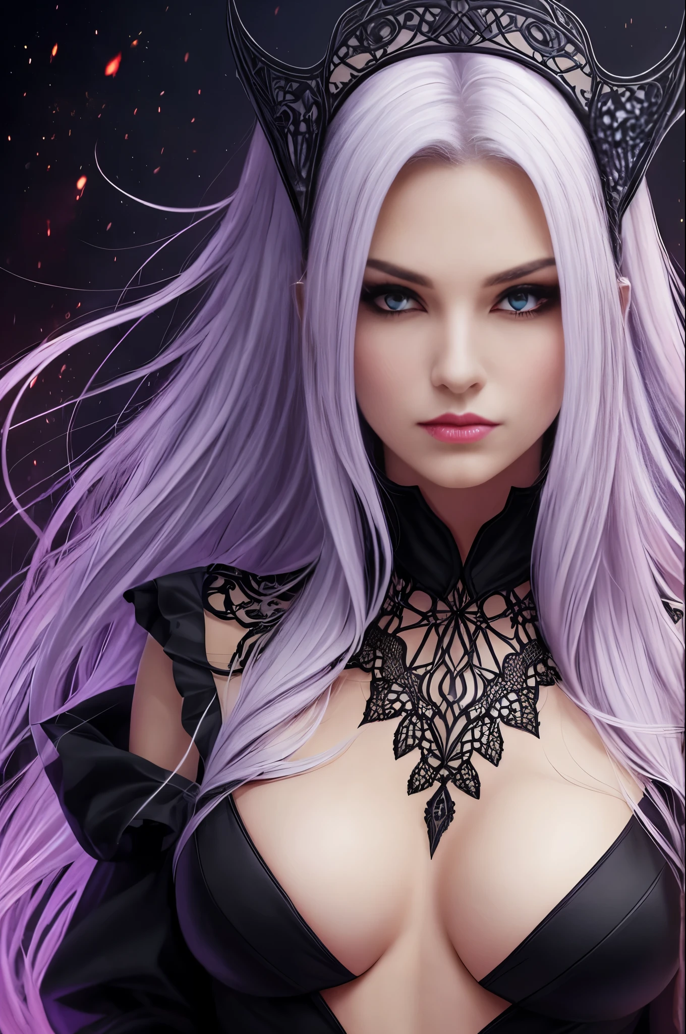 The vampire queen wears a regal, dark robe, accentuated by intricate patterns. Her white hair falls in soft curls over her shoulders, while her red eyes radiate an eerie power. Her regal look reflects a mixture of elegance and vampiric fear.  --auto --s2