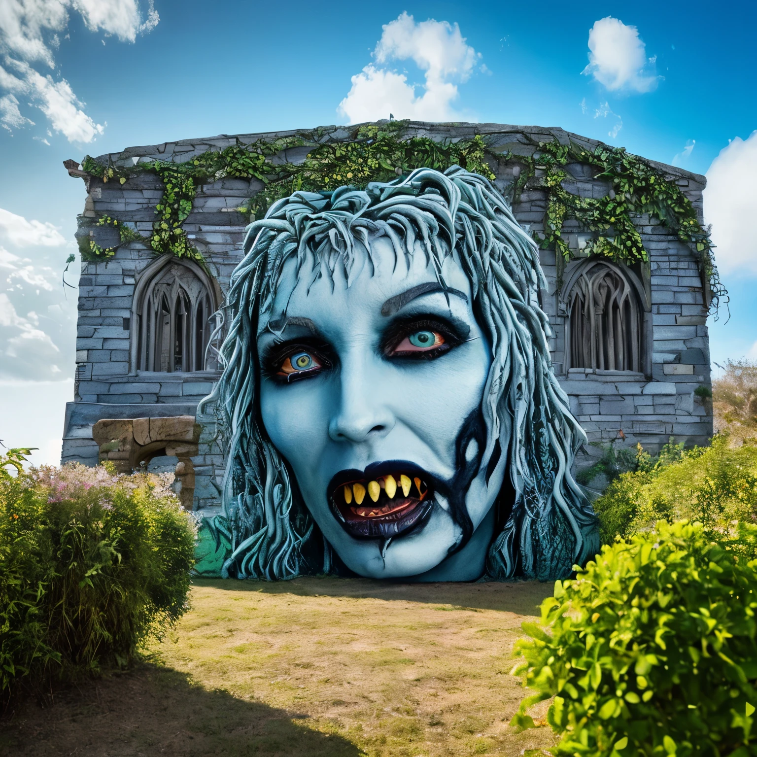 Siouxsie Siouxs as a character from the movie beetlejuice, background of the image consisting of a gothic garden, sculptures of angels, sculptures of demons, green and scary zombies, blue sky, white clouds, sunlight, rainbow, vintage style, full body view, realistic image, realistic face, the best quality, masterpiece, high-resolution, 8k, hyperrealistic image, profissional photo, realistic photo