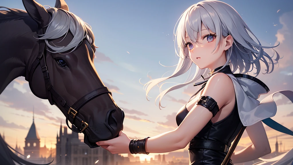 super high quality, girl, とてもshort hair, long bangs between the eyes, very detailed,(masterpiece、highest quality)、alone、dark gray, silver hair, gray eyes, beautiful eyes,、short hair,blue sky , sunlight,fantasylandscape,In combat、wizard