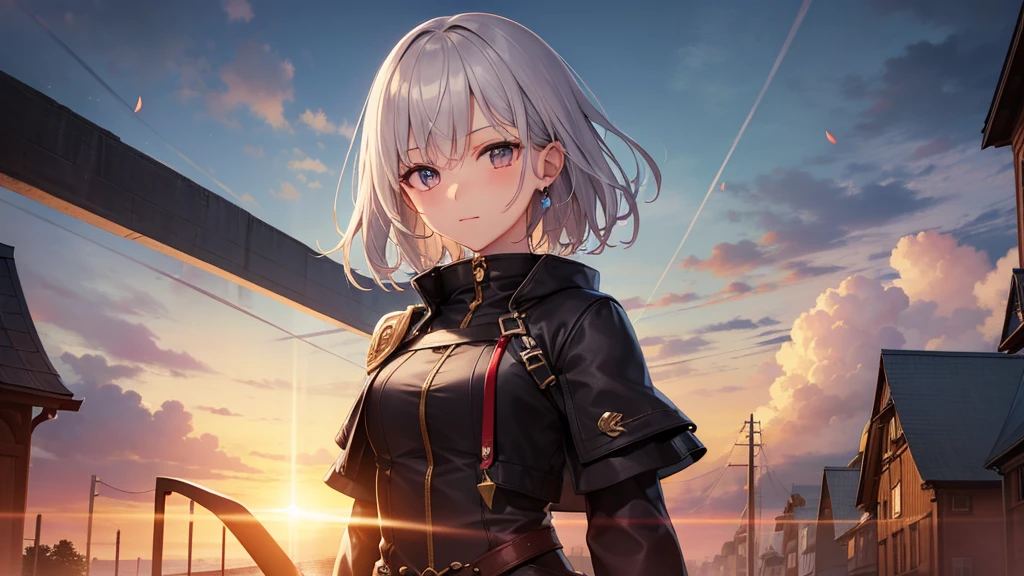 super high quality, girl, とてもshort hair, long bangs between the eyes, very detailed,(masterpiece、highest quality)、alone、dark gray, silver hair, gray eyes, beautiful eyes,、short hair,blue sky , sunlight,fantasylandscape,In combat、wizard
