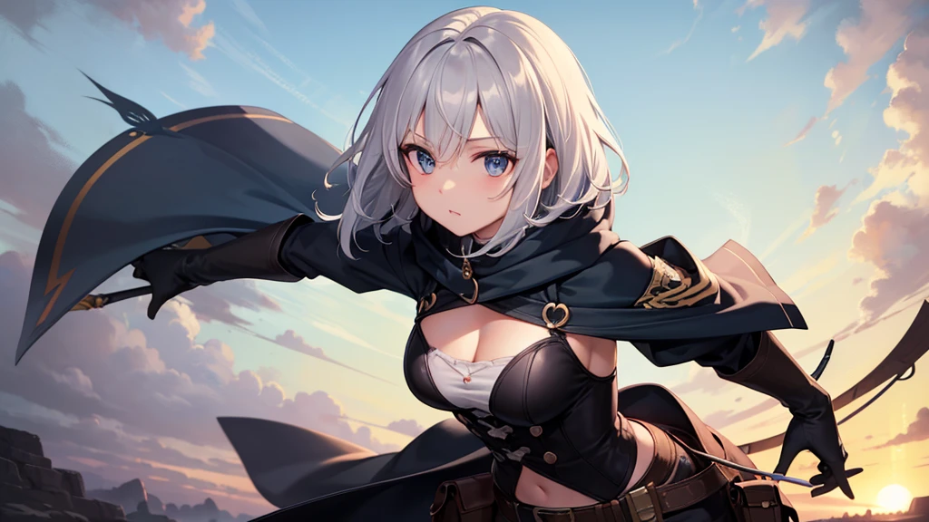 super high quality, girl, とてもshort hair, long bangs between the eyes, very detailed,(masterpiece、highest quality)、alone、dark gray, silver hair, gray eyes, beautiful eyes,、short hair,blue sky , sunlight,fantasylandscape,In combat、wizard
