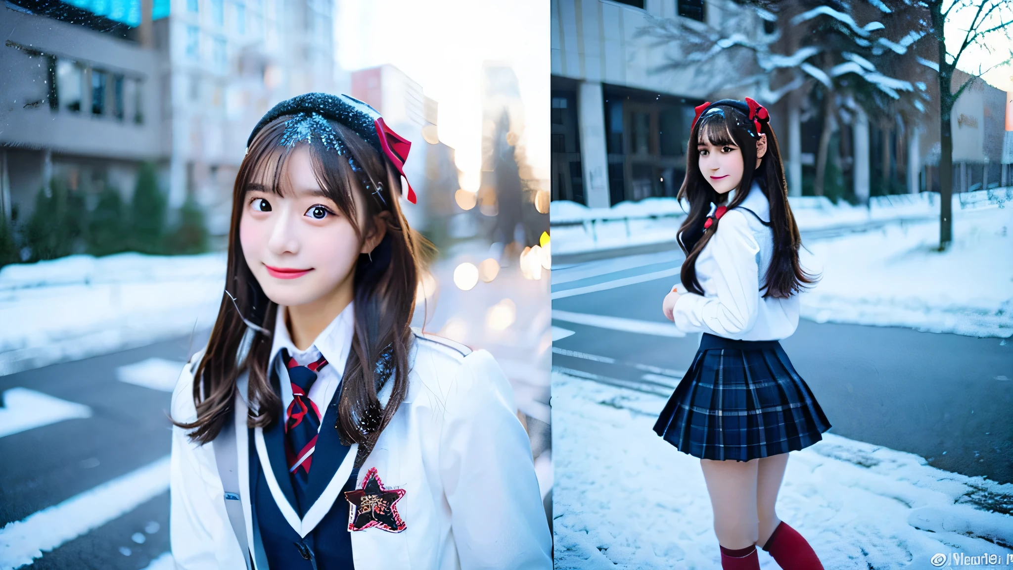 Cute high school girl 18 years old in miniskirt uniform、Snow in the background
