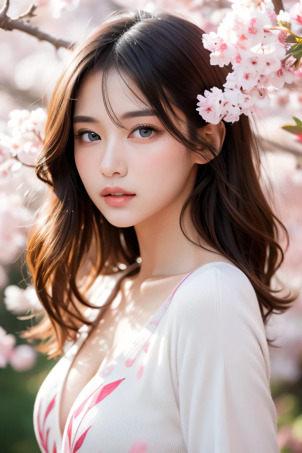 1girl, brown hair, blue eyes, pink and white clothing, sakura leafs, vivid colors, white outfits, paint splash, background, ray tracing, wavy hair, different poses, Double Eyelids, Full Lips, High Cheekbones, Symmetrical Features, Small Well-Shaped Nose, Smooth Clear Skin, Well-Defined Jawline, Thick Natural Hair