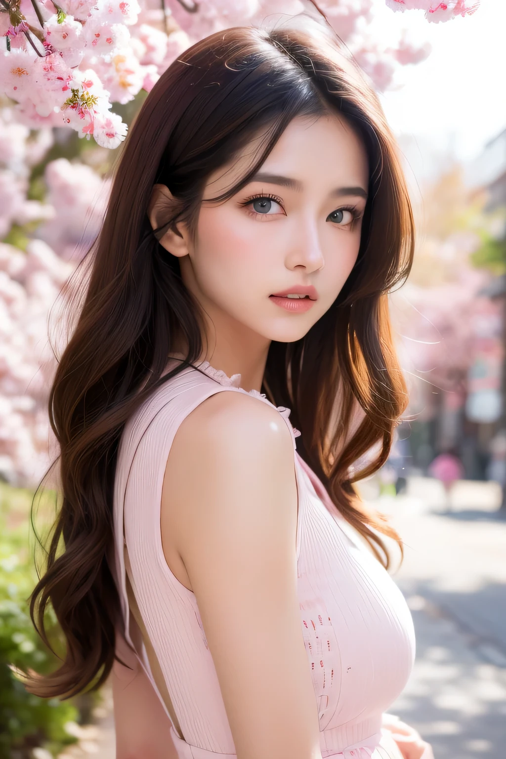 1girl, brown hair, blue eyes, pink and white clothing, sakura leafs, vivid colors, white outfits, paint splash, background, ray tracing, wavy hair, different poses, Double Eyelids, Full Lips, High Cheekbones, Symmetrical Features, Small Well-Shaped Nose, Smooth Clear Skin, Well-Defined Jawline, Thick Natural Hair