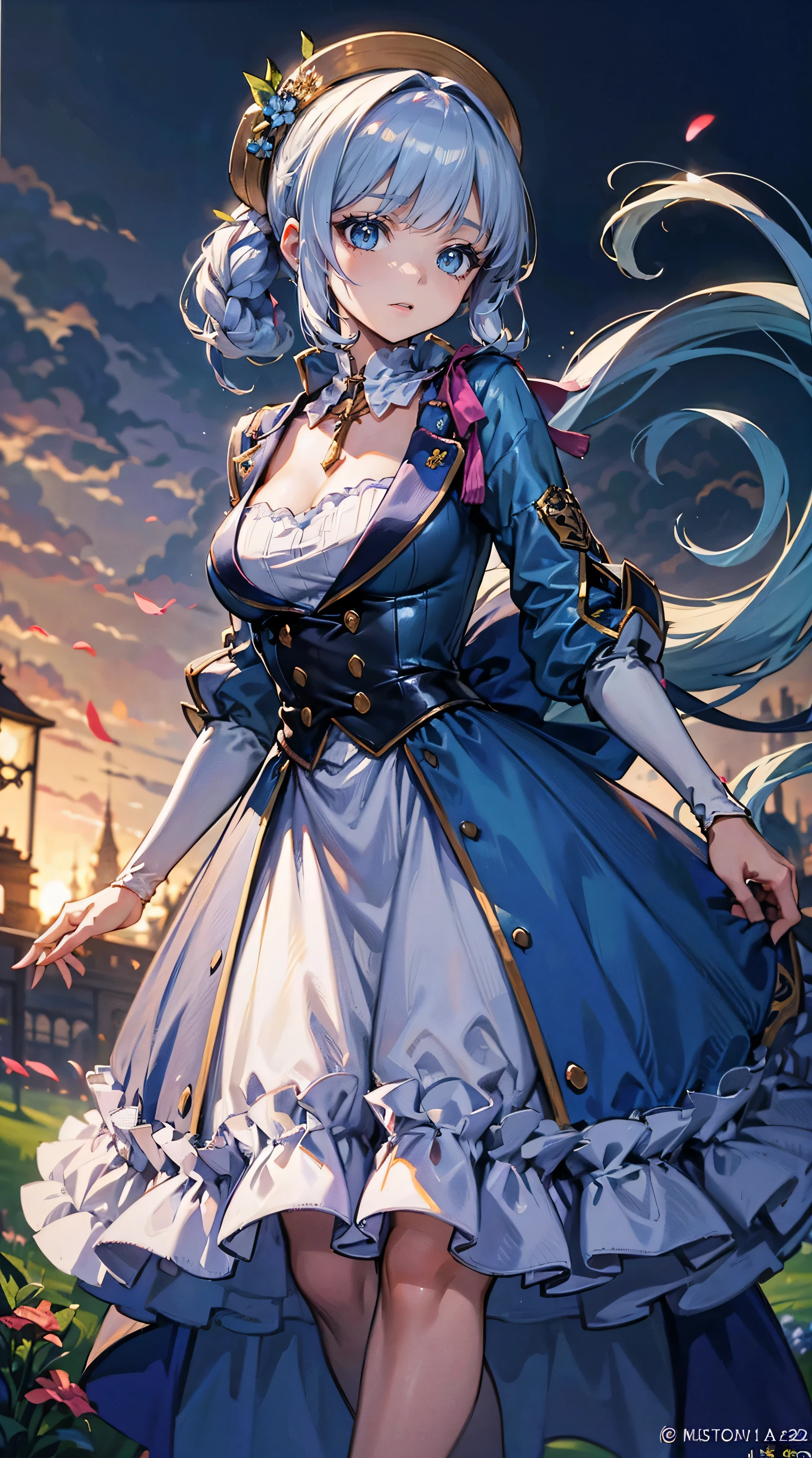 Official art, ヨーロッパのmasterpiece女性,, pale silver hair , azure eyes, (masterpiece、top-quality、hight resolution: 1.4),in 8K, Anime Art Nouveau, highly detailed exquisite fanart, anime fantasy illustration, clean detailed anime art, detailed anime art, sharp focus of a person, Delicate Beautiful Hair and Eyes and Face, realisitic, ultra-detailliert, Flower Garden,((Delicate, delicate and cute hands)),((elegant shiny dress)),((Lots of races)),((lots of ruffles)),((lots of ribbons))