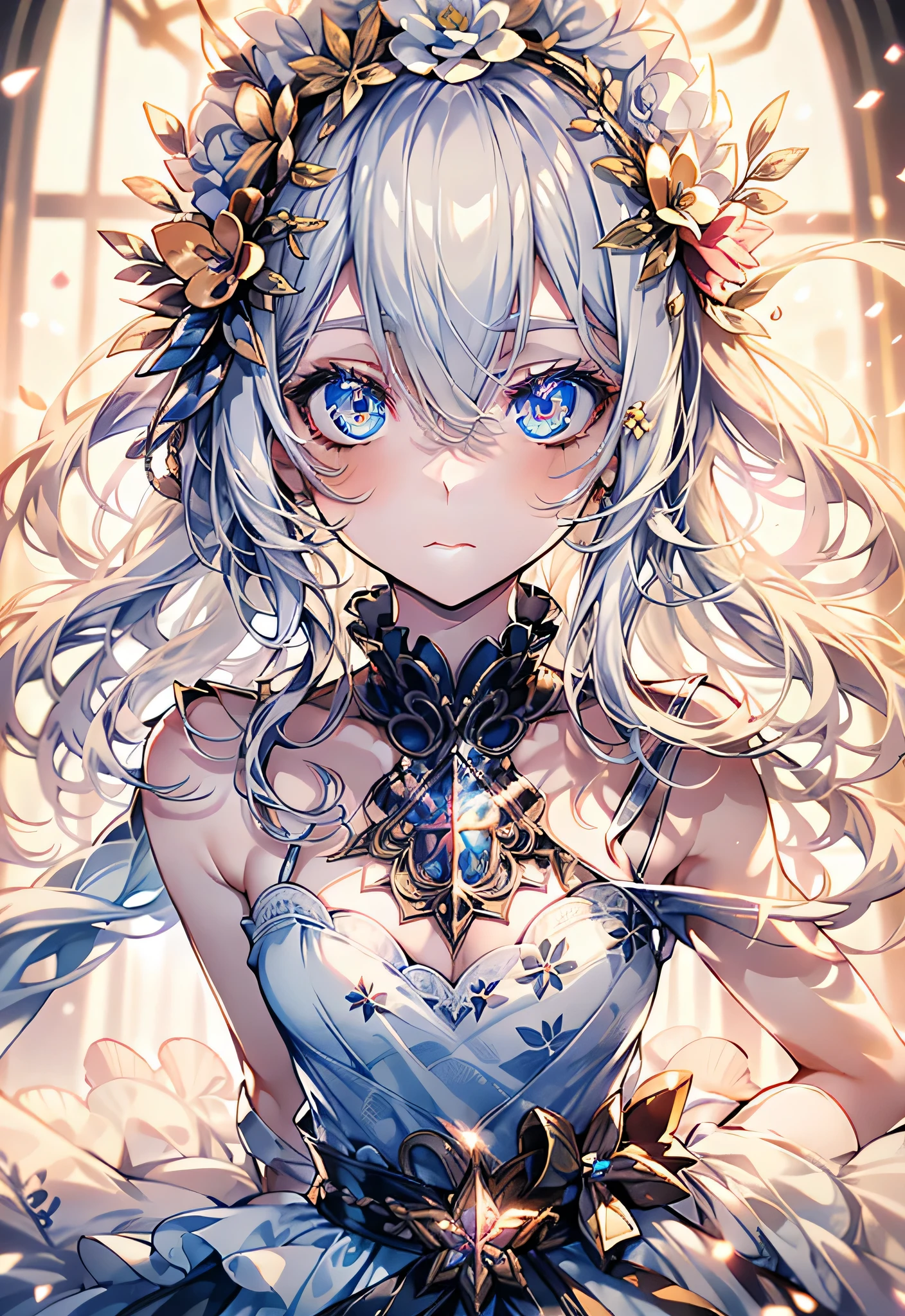 Official art, ヨーロッパのmasterpiece女性,, pale silver hair , azure eyes, (masterpiece、top-quality、hight resolution: 1.4),in 8K, Anime Art Nouveau, highly detailed exquisite fanart, anime fantasy illustration, clean detailed anime art, detailed anime art, sharp focus of a person, Delicate Beautiful Hair and Eyes and Face, realisitic, ultra-detailliert, Flower Garden,((Delicate, delicate and cute hands)),((elegant shiny dress)),((Lots of races)),((lots of ruffles)),((lots of ribbons))