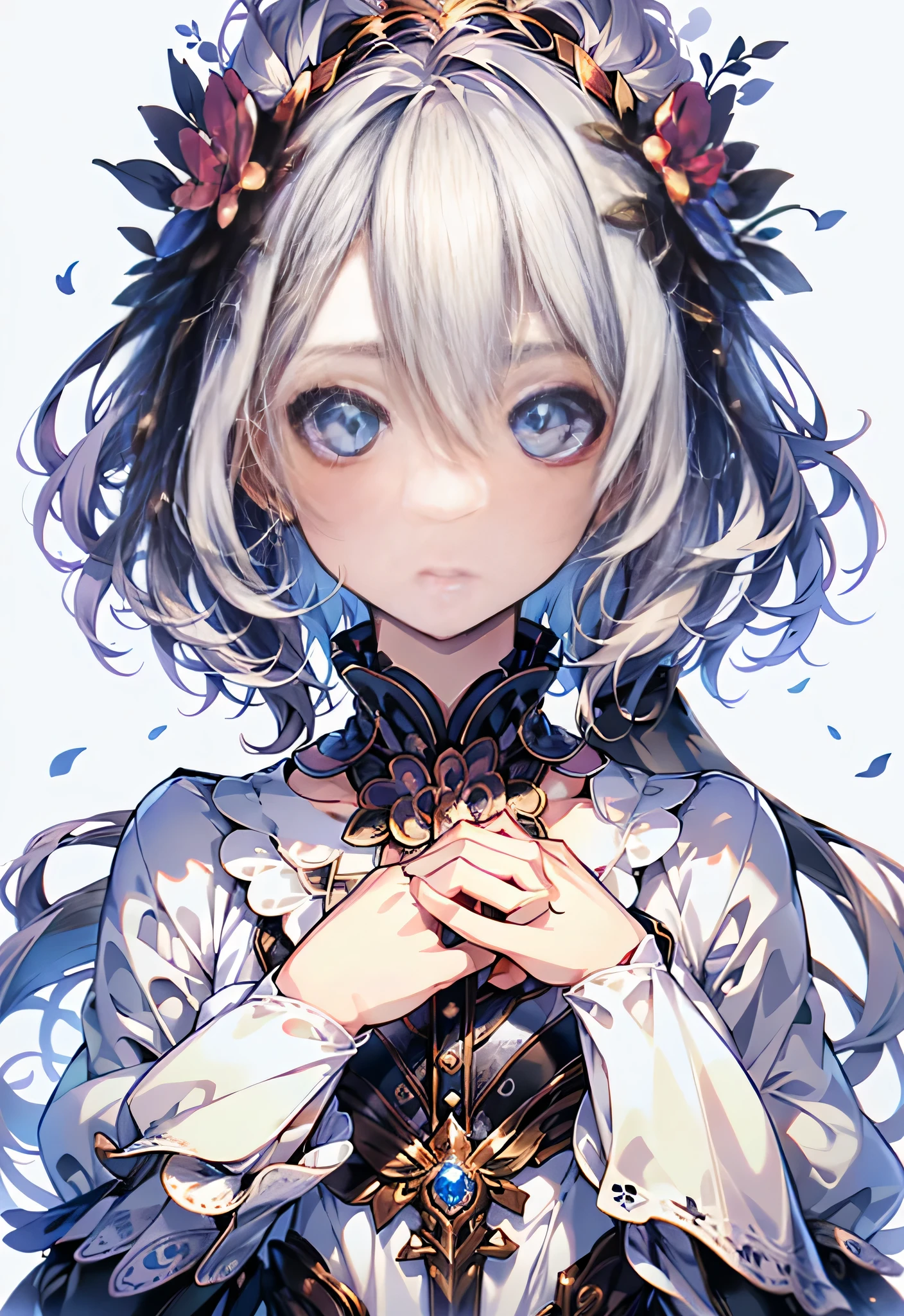 Official art, ヨーロッパの​masterpiece女性,, pale silver hair , azure eyes, (​masterpiece、top-quality、hight resolution: 1.4),in 8K, Anime Art Nouveau, highly detailed exquisite fanart, anime fantasy illustration, clean detailed anime art, detailed anime art, sharp focus of a person, Delicate Beautiful Hair and Eyes and Face, realisitic, ultra-detailliert, Flower Garden,((Delicate, delicate and cute hands)),((elegant shiny dress)),((Lots of races)),((lots of ruffles)),((lots of ribbons))